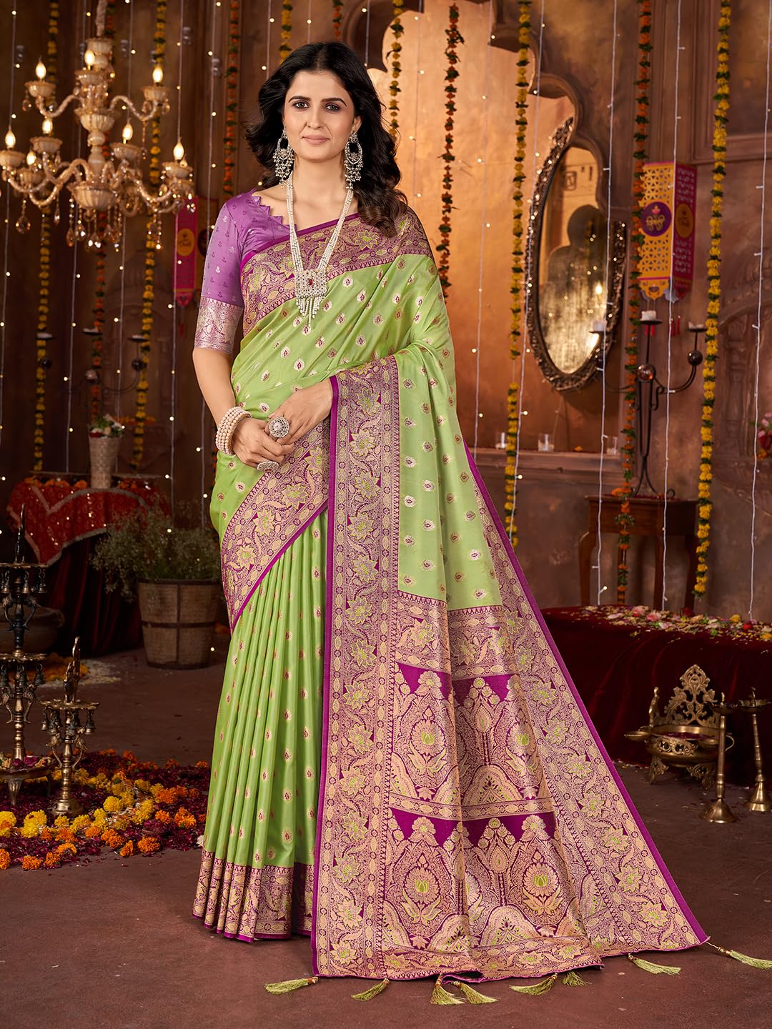 Mehrang Women Ethnic Saree, Silk Blend, Green With Pink Embroidery And Motifs, 6 Metres