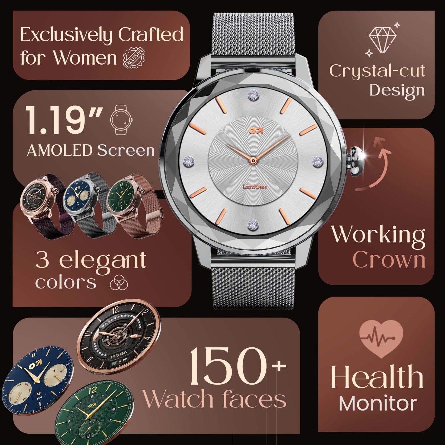 GOBOULT Newly Launched Alora Smart Watch 1.19'' AMOLED Display, BT Calling, Rotating Bezel, 150+Watchfaces, 800 Nits Brightness, AI Voice Assistant, SpO2 Monitoring, 120+ Sports Mode (Silver)