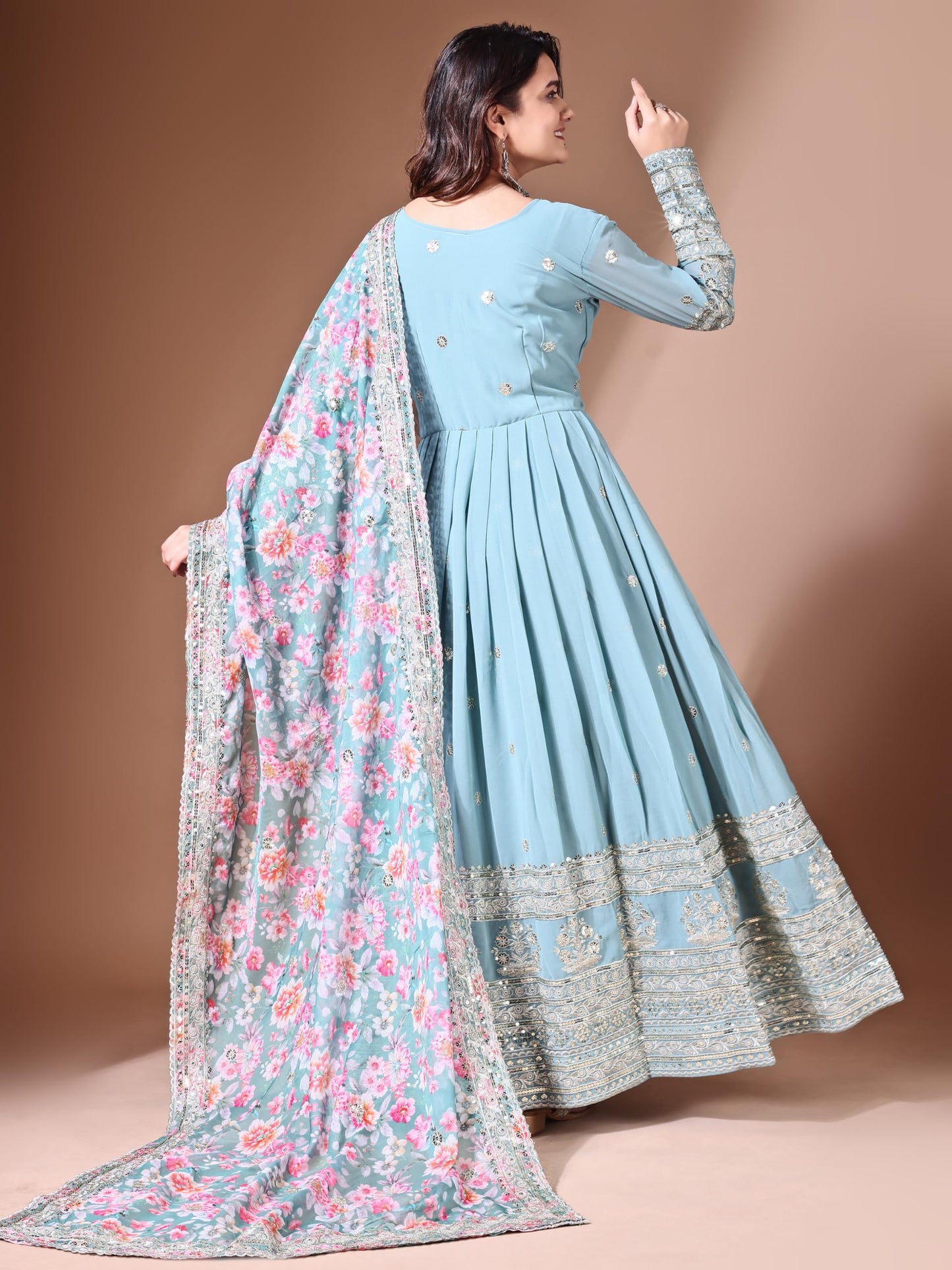 Fashion Basket Georgette Embroidered Anarkali Dress for Women (in, Alpha, 2XL, Regular, Sky Blue)