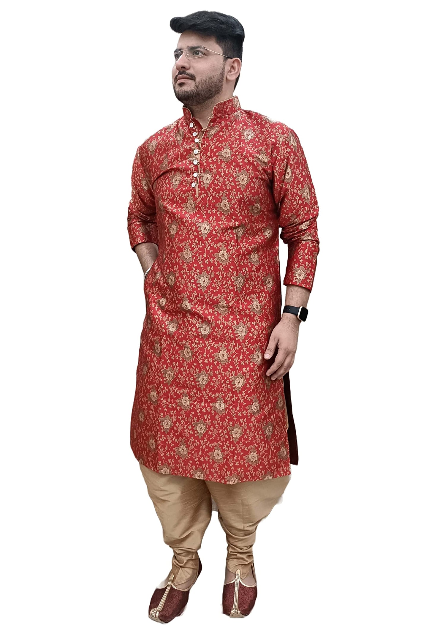Over Crowd Men New Look Gold Plant Jacquard Kurta & Salwar Set (Maroon & Gold);Size:42