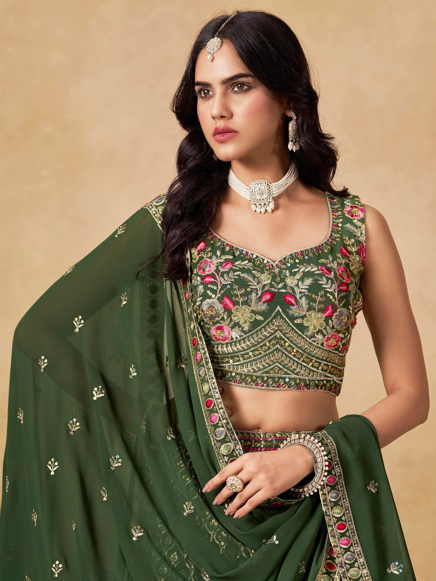 Zeel Clothing Women's Sequins and Thread Embroidered Work Georgette Lehenga Choli With Dupatta (5134-Women-Lehenga-Choli-Latest; Free size) (Green)