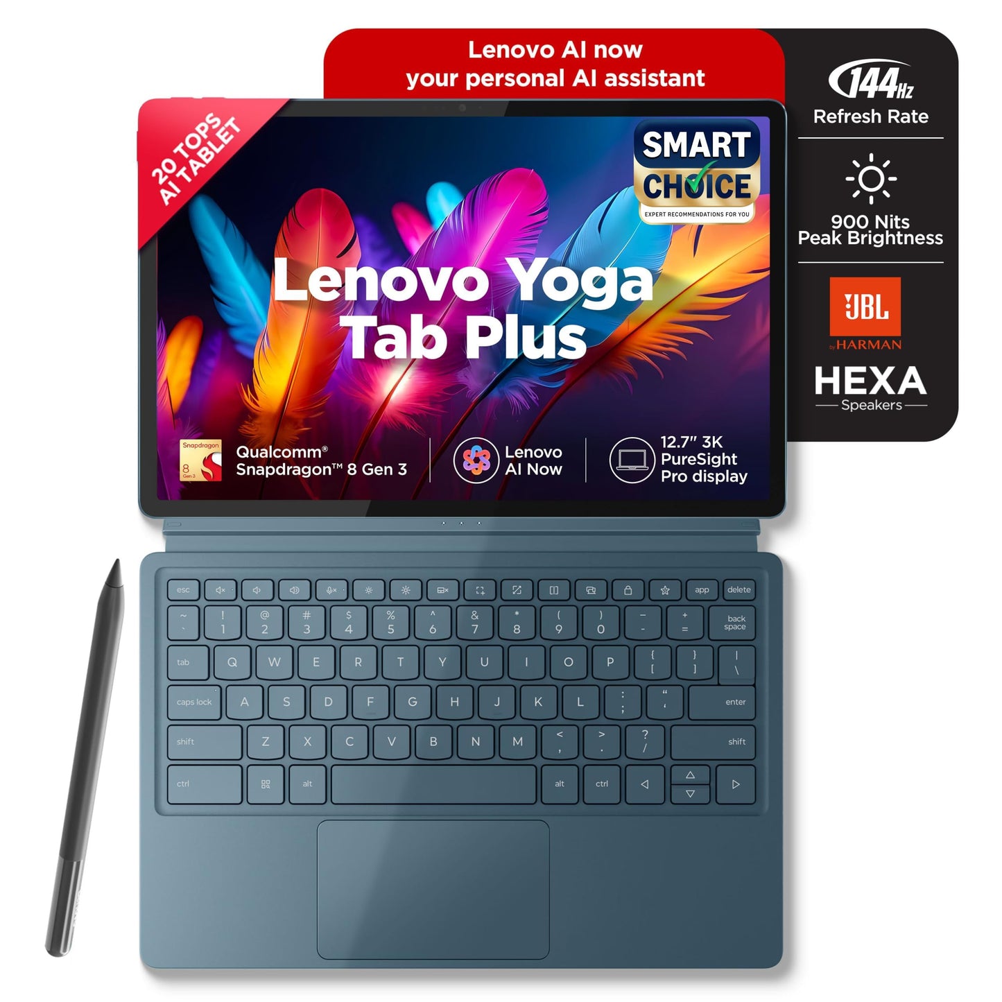 Lenovo Yoga Tab Plus Smartchoice AI Tablet with Pen + Keyboard |12.7" Display, 3K Resolution, 144 Hz|16GB RAM, 512GB ROM|Snapdragon 8 Gen 3|10200 mAh|6 Speakers|USB 3.0 with DP-Out|1Year ADP Free|Teal