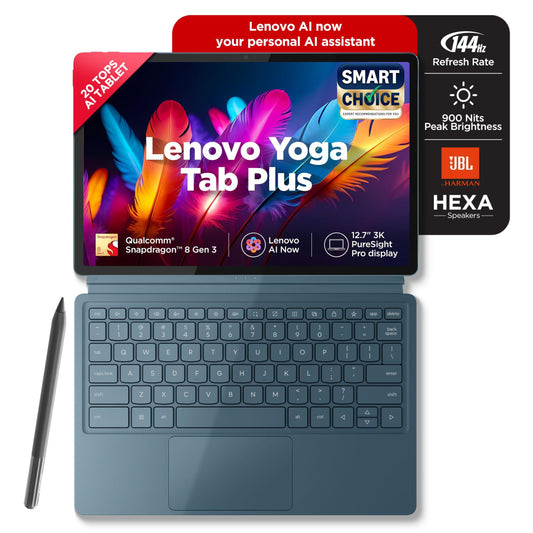 Lenovo Yoga Tab Plus Smartchoice AI Tablet with Pen + Keyboard |12.7" Display, 3K Resolution, 144 Hz|16GB RAM, 512GB ROM|Snapdragon 8 Gen 3|10200 mAh|6 Speakers|USB 3.0 with DP-Out|1Year ADP Free|Teal