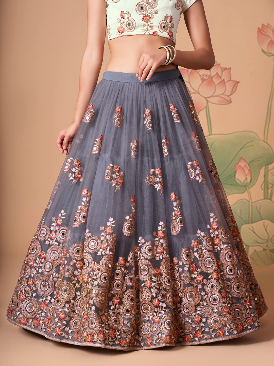 Zeel Clothing Women's Net Embroidered Semi-Stitched Bridal New Lehenga Choli with Dupatta (7321-Grey-Wedding-Bridal-Latest-Lehenga; Free Size) (Grey)