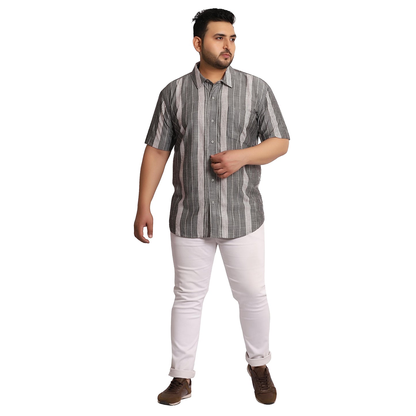 Plus Size White &Black Half Sleeve Cotton/Linen Shirt with Patch Pocket (7XL)