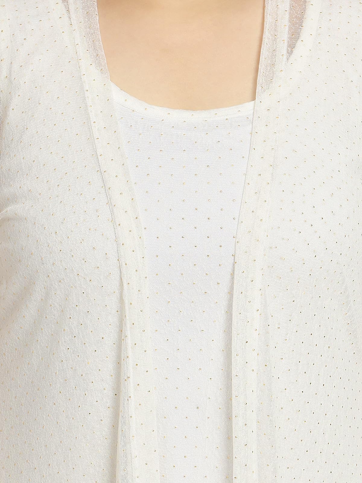 wild U Women Plus Size Two Piece Shrug Dress Set | Knee Length | Sleeve | Shimmer Gold Glitter | (Off White, Size : 5XL)