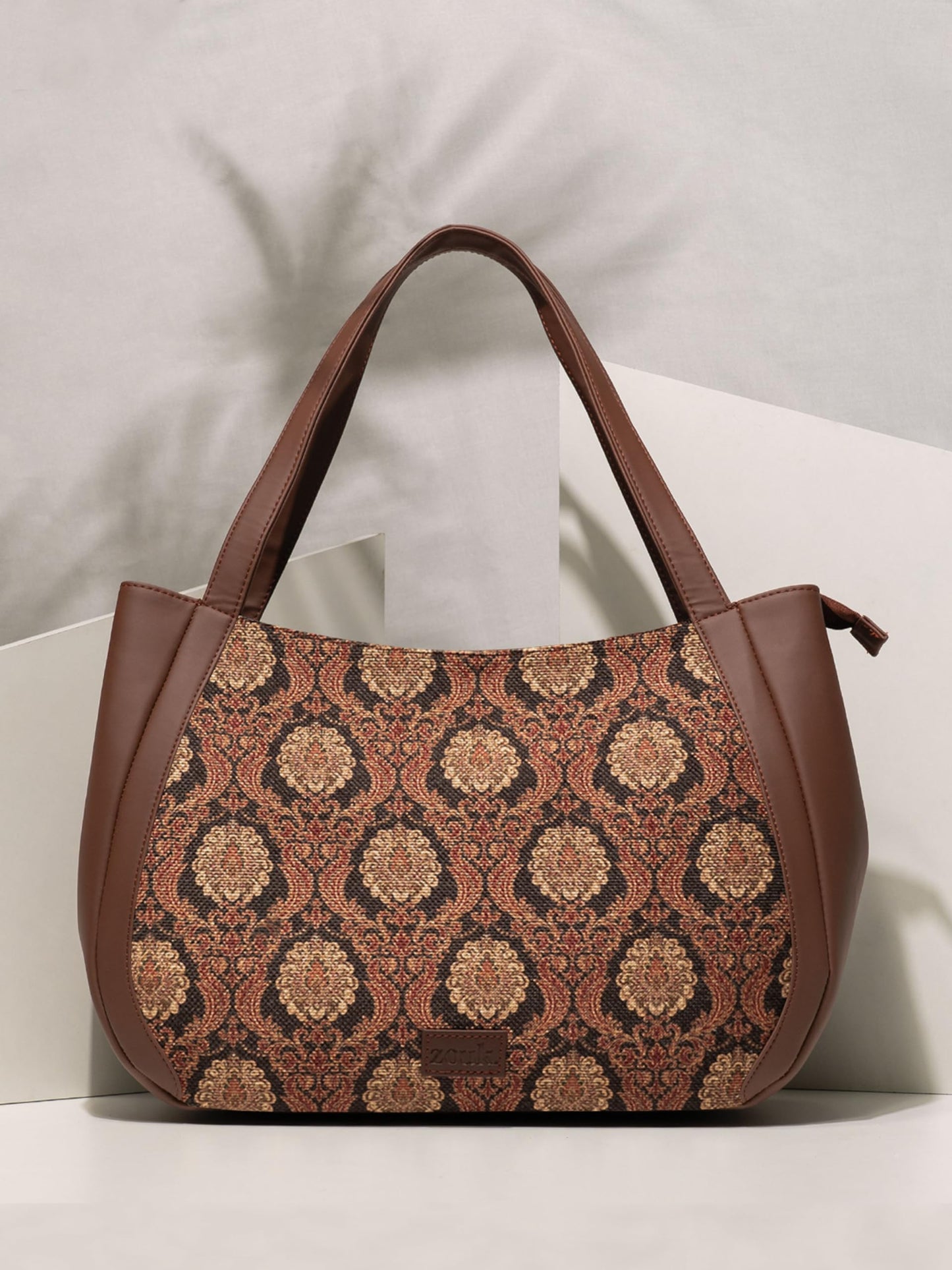 ZOUK Jodhpur Damask Motif Printed Jute Handcrafted Vegan Leather Brown Women's Shoulder Luna Handbags | Ladies Purse Handbag
