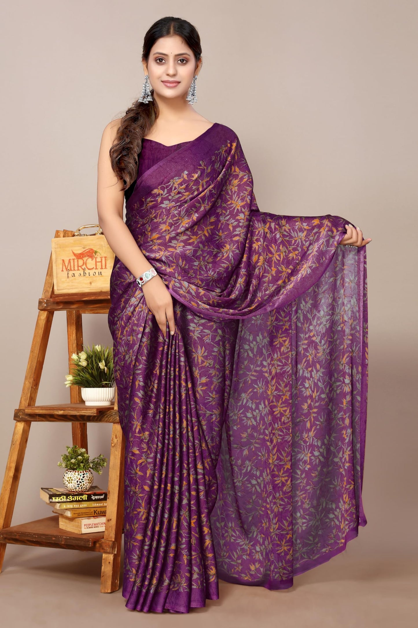 MIRCHI FASHION Women's Chiffon Floral Printed Saree with Blouse Piece (60452 - Dark Wine, Rust)