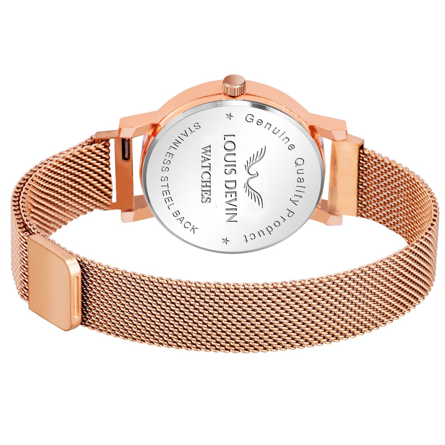 LOUIS DEVIN Rose Gold Plated Mesh Chain Analog Wrist Watch for Women (Blue Dial) | LD-RG162-BLU