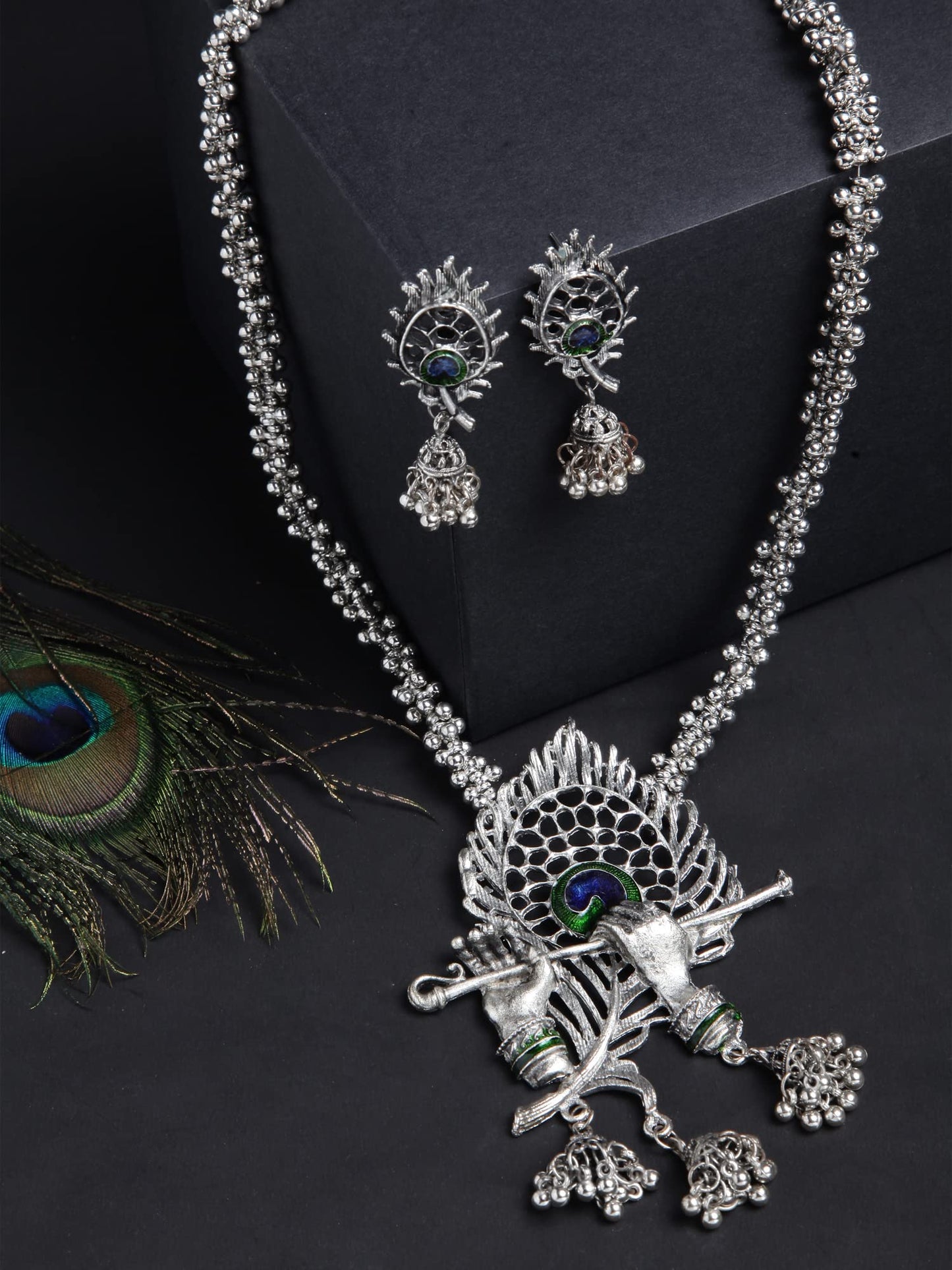 Shining Diva Fashion Latest Stylish Design Fancy Traditional Oxidised Silver Necklace Jewellery Set for Women (13165s)