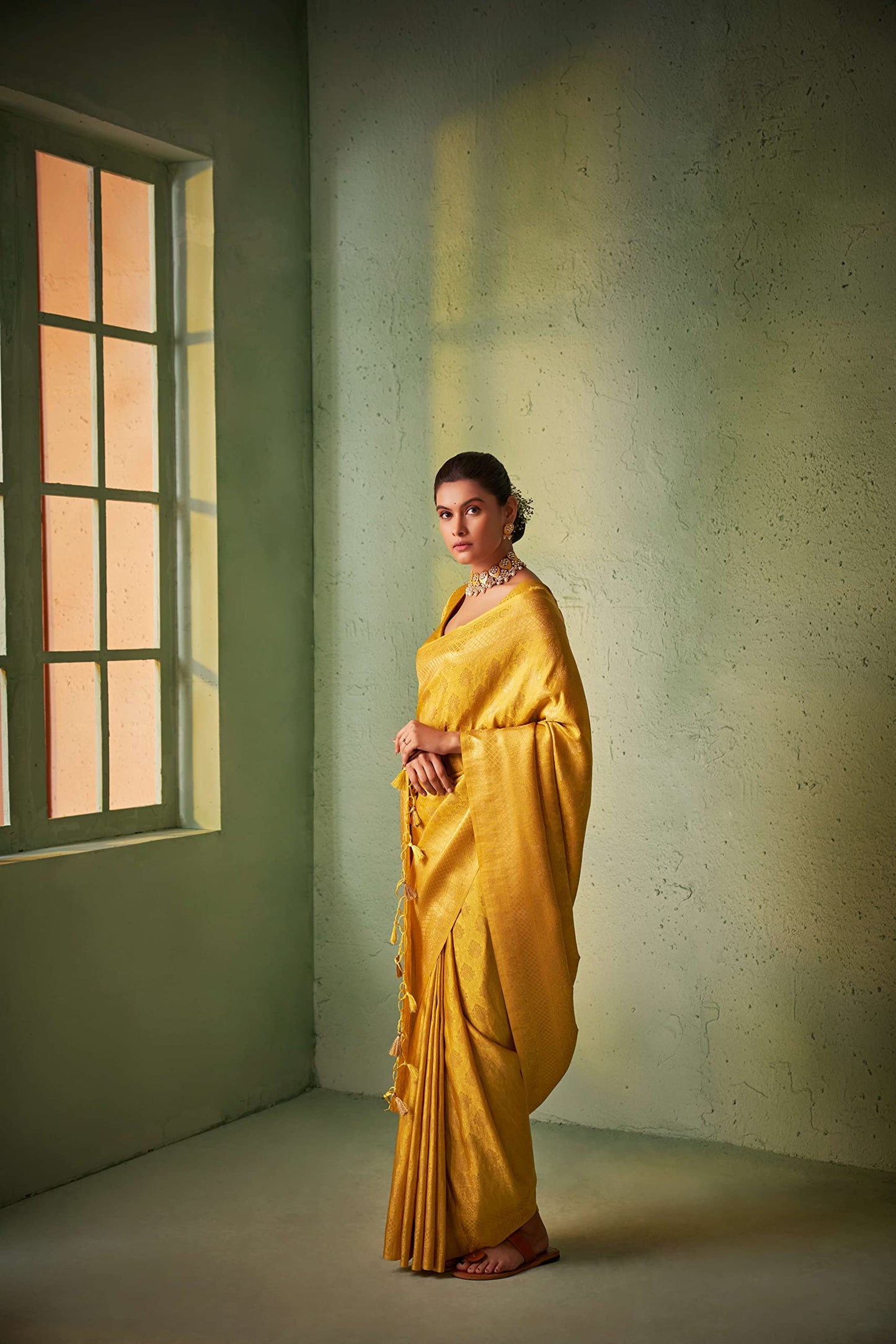 Vardha Women's Kanjivaram Art Silk Saree, Zari Woven, Gold, Unstitched Blouse - Yellow Sari Asya Vol.5, 565