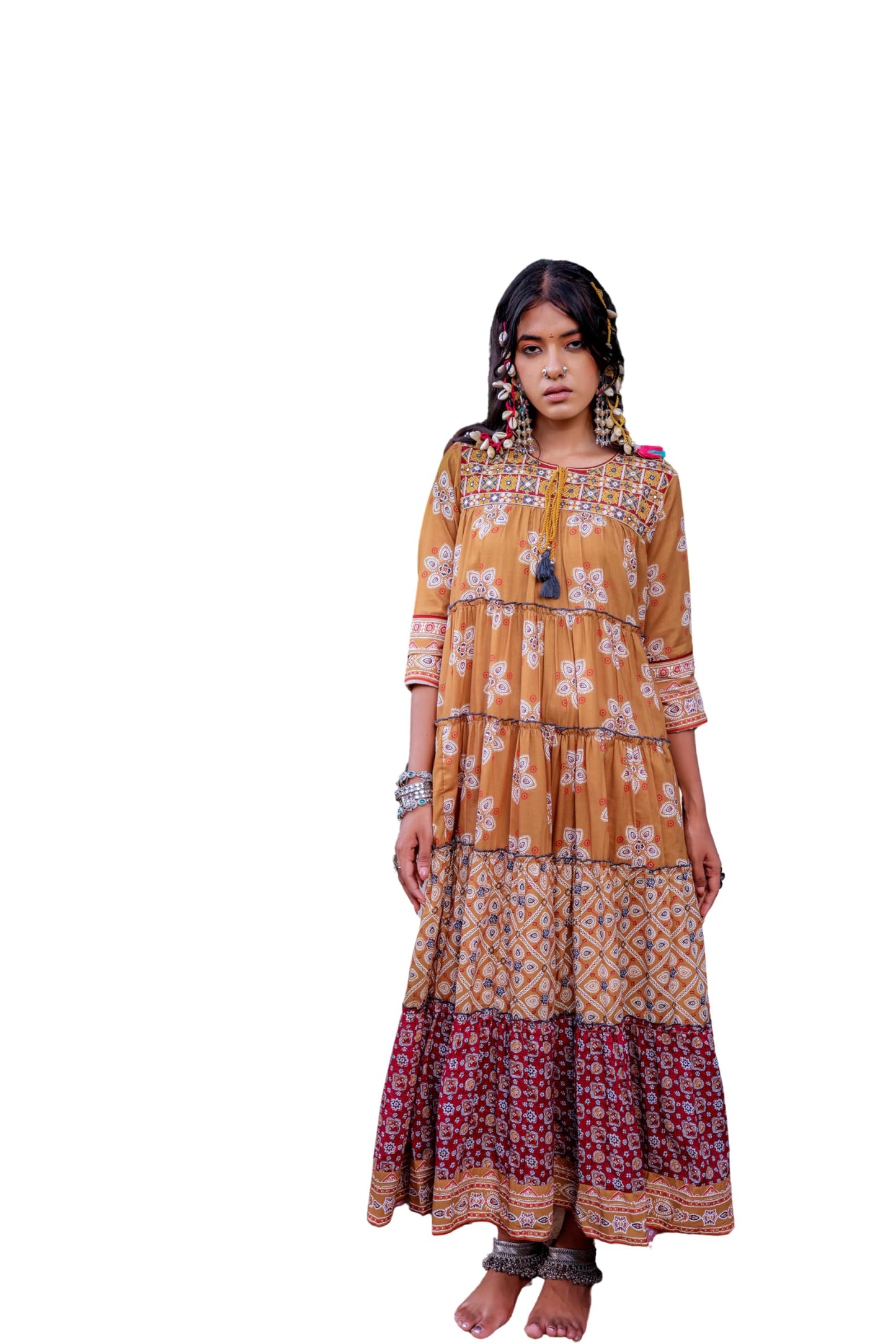 Juniper Mustard Embroidered Anarkali Long Dress with Tassels & Mirror Work