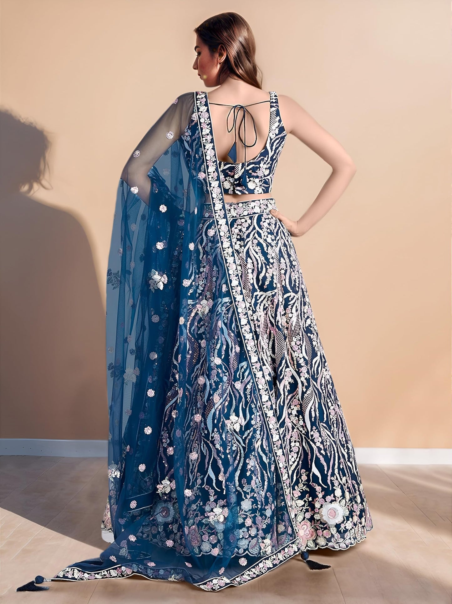 Zeel Clothing Women's Sequins Embroidered Work Soft Net Designer Lehenga Choli With Dupatta (6033-Blue-Wedding-Stylish-Lehenga-Choli-Latest; Free Size)