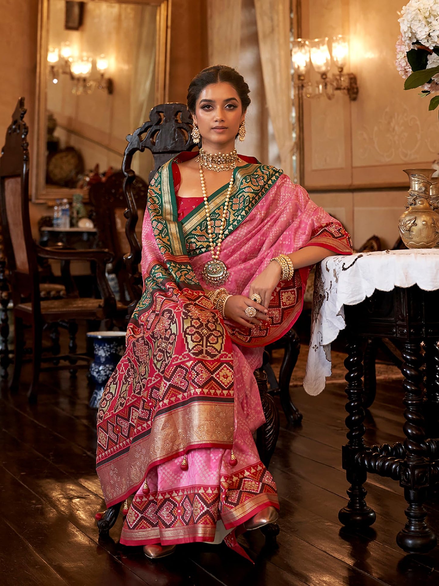 SAREE MALL Women's Embellished Banarasi Silk Saree With Unstitched Blouse Piece (Pink_RJWDIP1103_RW)