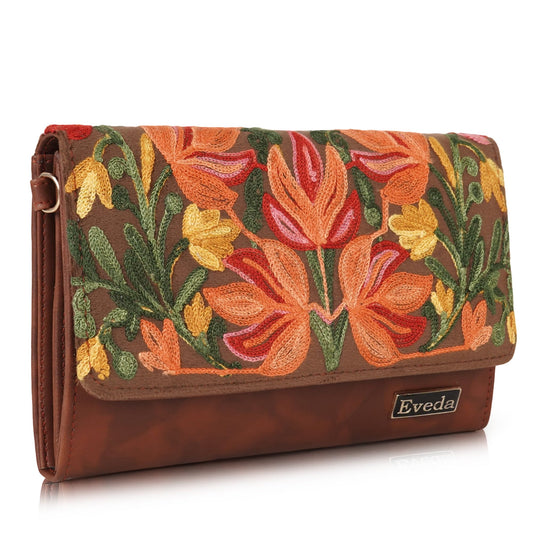 VELUCIA Womens Embroidered Floral Clutch Purse, Gold Design, Ladies Wallet (Tan)