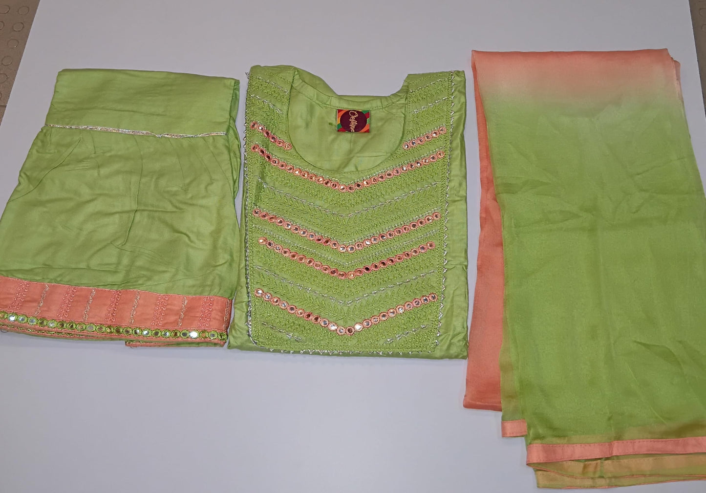 Women's Traditional Sharara Set with Embroidered Yoke, Mint Green and Peach Ombre Dupatta, Rayon Fabric, Three Piece Ethnic Wear