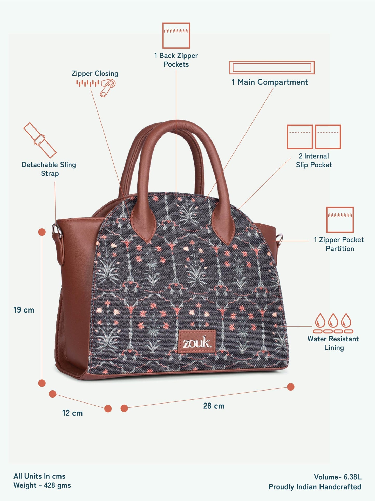 ZOUK Konkona City Satchel Bag | Stylish Handbag for Women | Tote Bag with Big Size Utility | Office, Travel & Casual Use | Water-Resistant | Vegan Leather | Taj Guldasta
