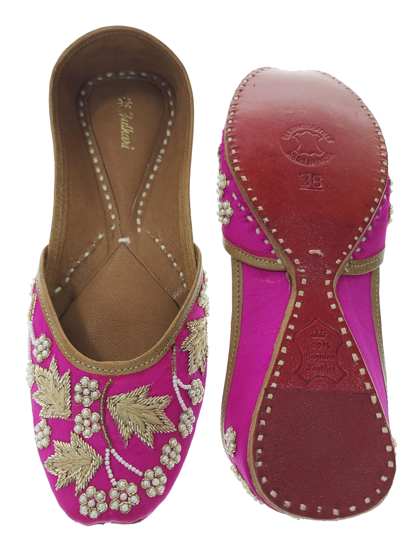 Fulkari Women Palm Leaf Gold Soft Embroidered Jutis | Bite and Pinch Free Jutti | Punjabi Formal Juttis | Girl's Wedding Flat Ladies Mojari | Formal Ethnic Juti |