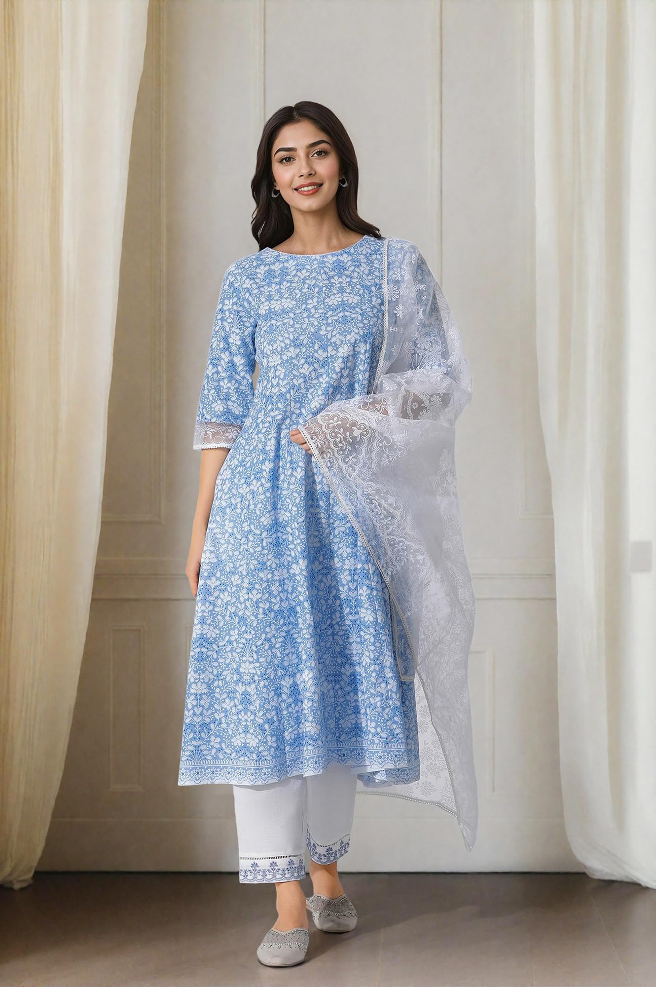 W for Woman Light Blue Floral Printed Flared Kurta, Straight Pants and Dupatta Set (Size: M)-24ONWS10817-123072