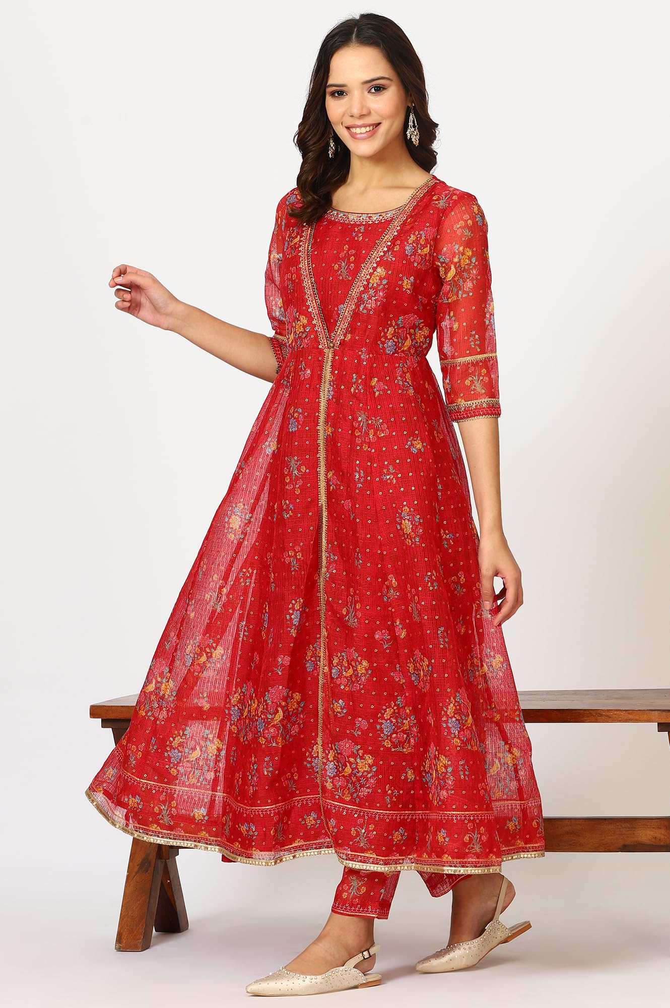 W for Woman Crimson Red Embroidered Flared Kota Kurta, Straight Pants and Dupatta (Size: 3XL)-24AUWS11760-124639