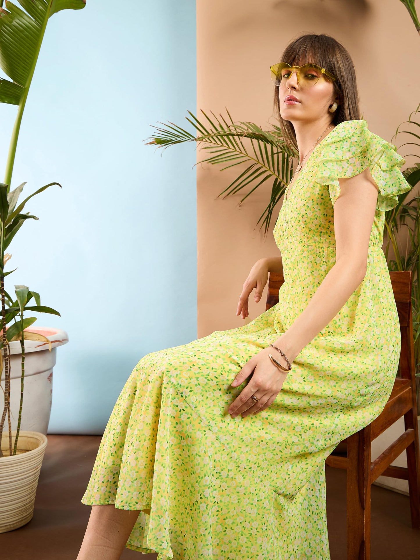 SASSAFRAS Women's Georgette Midi Dress Below The Knee SFDRSS12212 Yellow