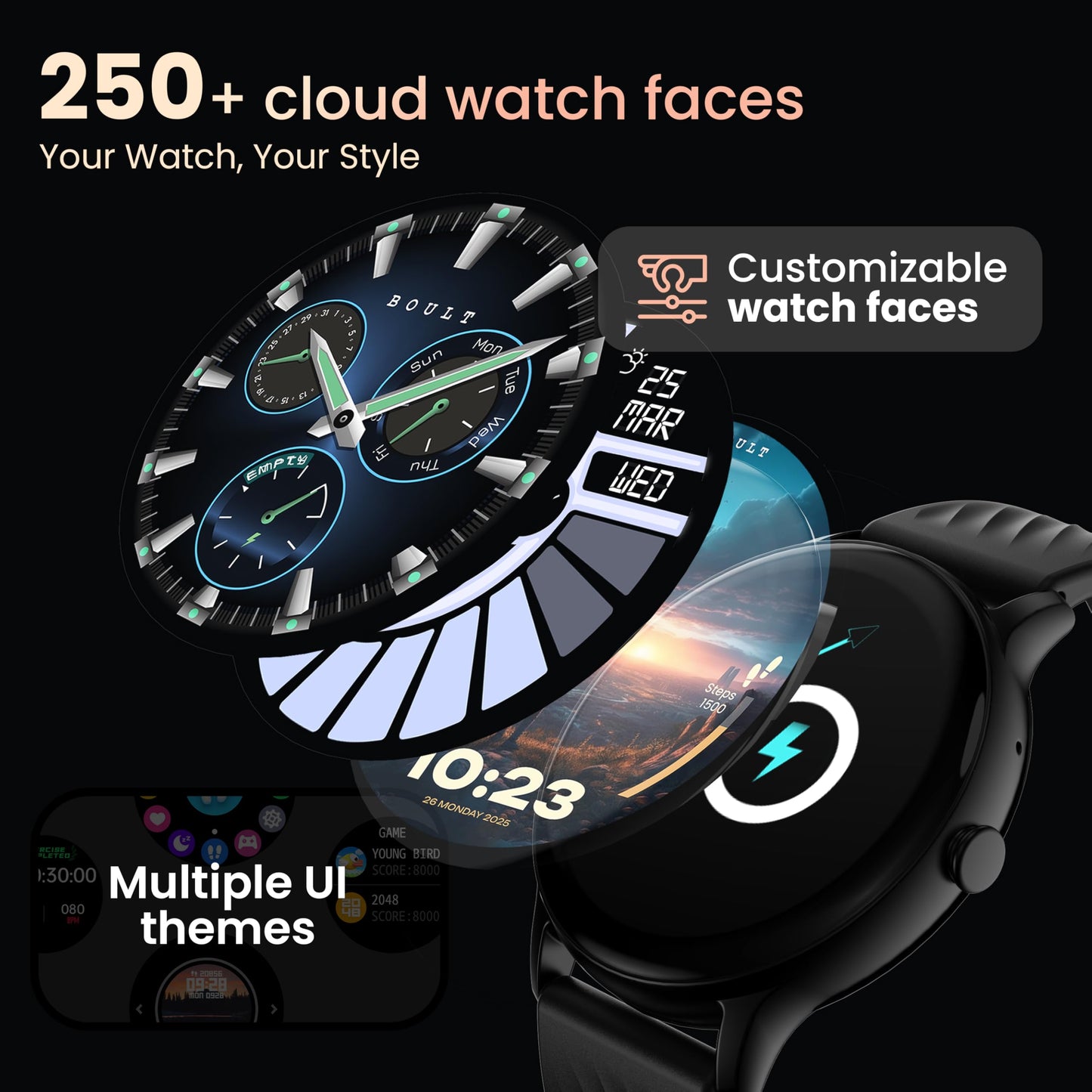Boult Newly Launched Dire Smartwatch 1.38'' 2.5D Curved HD Display, BT Calling, 500 Nits Brightness, IP67, 250+ Watchfaces, 120+ Sports Modes, AI Voice Assistant, SpO2 Monitoring (Pure Black)