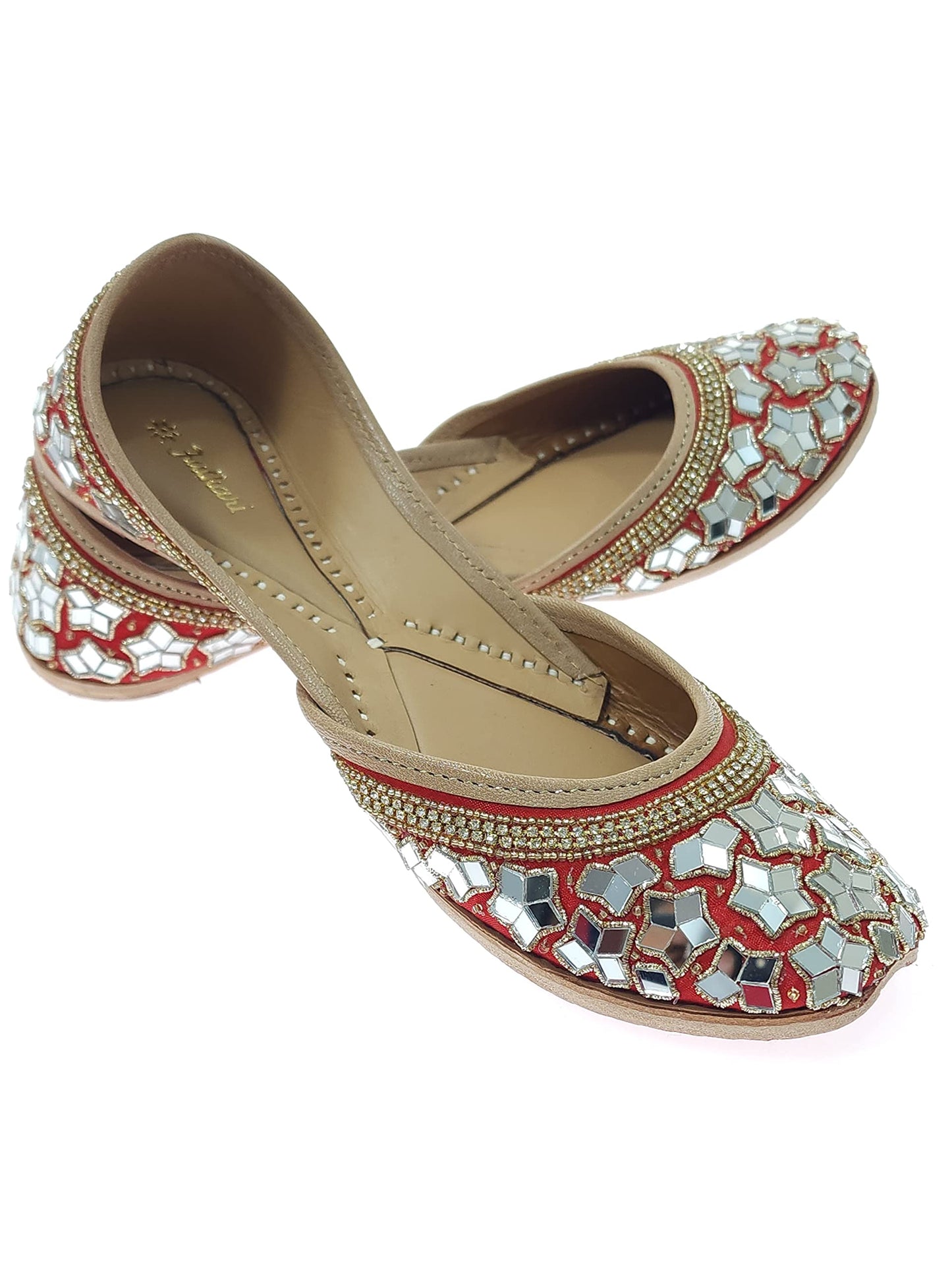 Fulkari Women's Mirror Flower Genuine Soft Leather Embroidered Jutis | Bite and Pinch Free Jutti | Punjabi Formal Juttis | Girl's Wedding Flat Ladies Mojari | Formal Ethnic Juti |