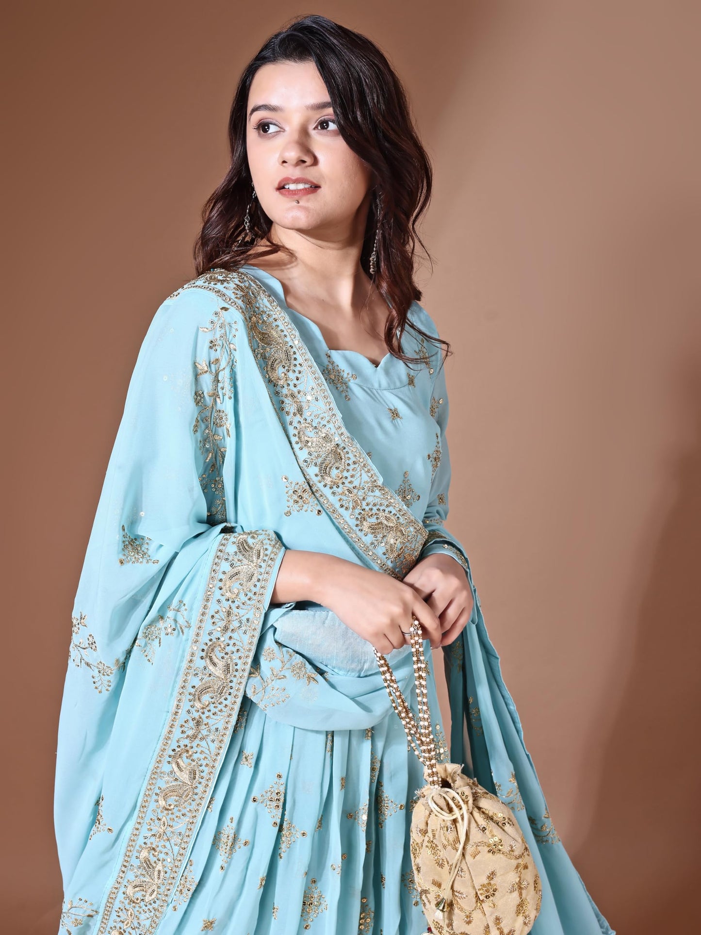 Fashion Basket Georgette Sequins Long Dress for Women (in, Alpha, 2XL, Regular, SKU Blue)