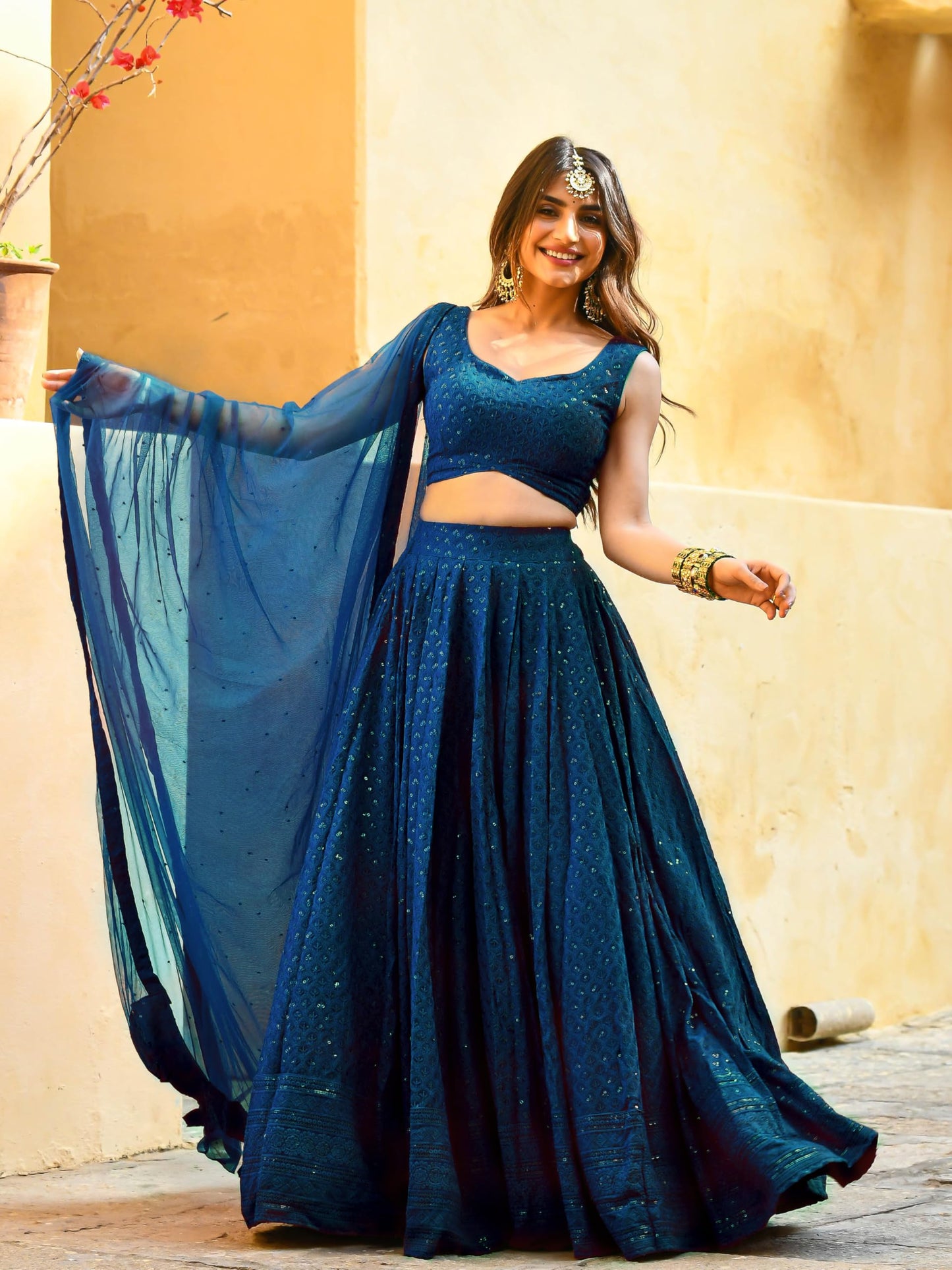 Zeel Clothing Women's Georgette Semi-Stitched Sequins Thread Embroidered Designer Lehenga Choli With Dupatta (5124-Blue-S-Lehenga-Choli-Latest; Free Size) (Blue)