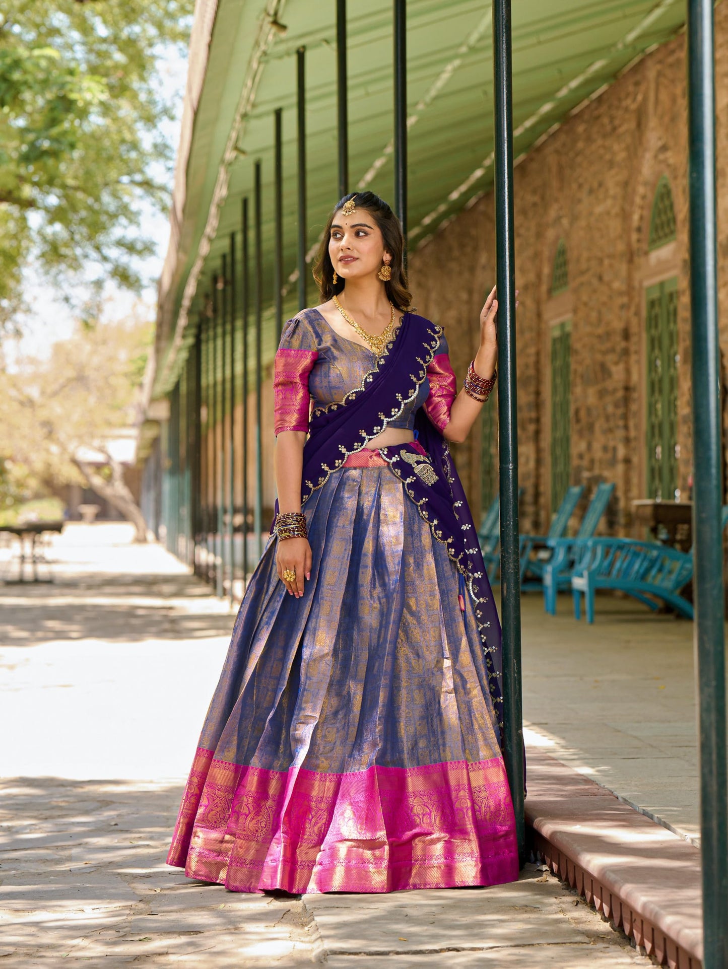 LooknBook Art Women's Solid Pattern Jacquard Silk Lehenga Choli Dupatta Set with Unstitched Blouse Piece and Zari Weave Type