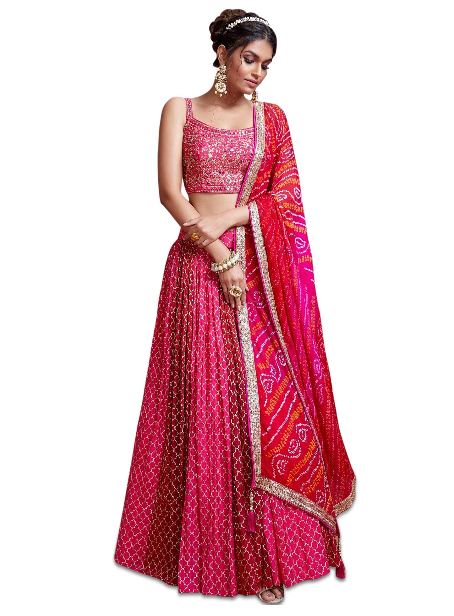 Zeel Clothing Women's Chinnon Silk Embroidered Fabric Semi-Stitched Lehenga Choli with Dupatta (105-Pink-New-Bridal-Latest-Lehenga; Free Size), Customizable Length