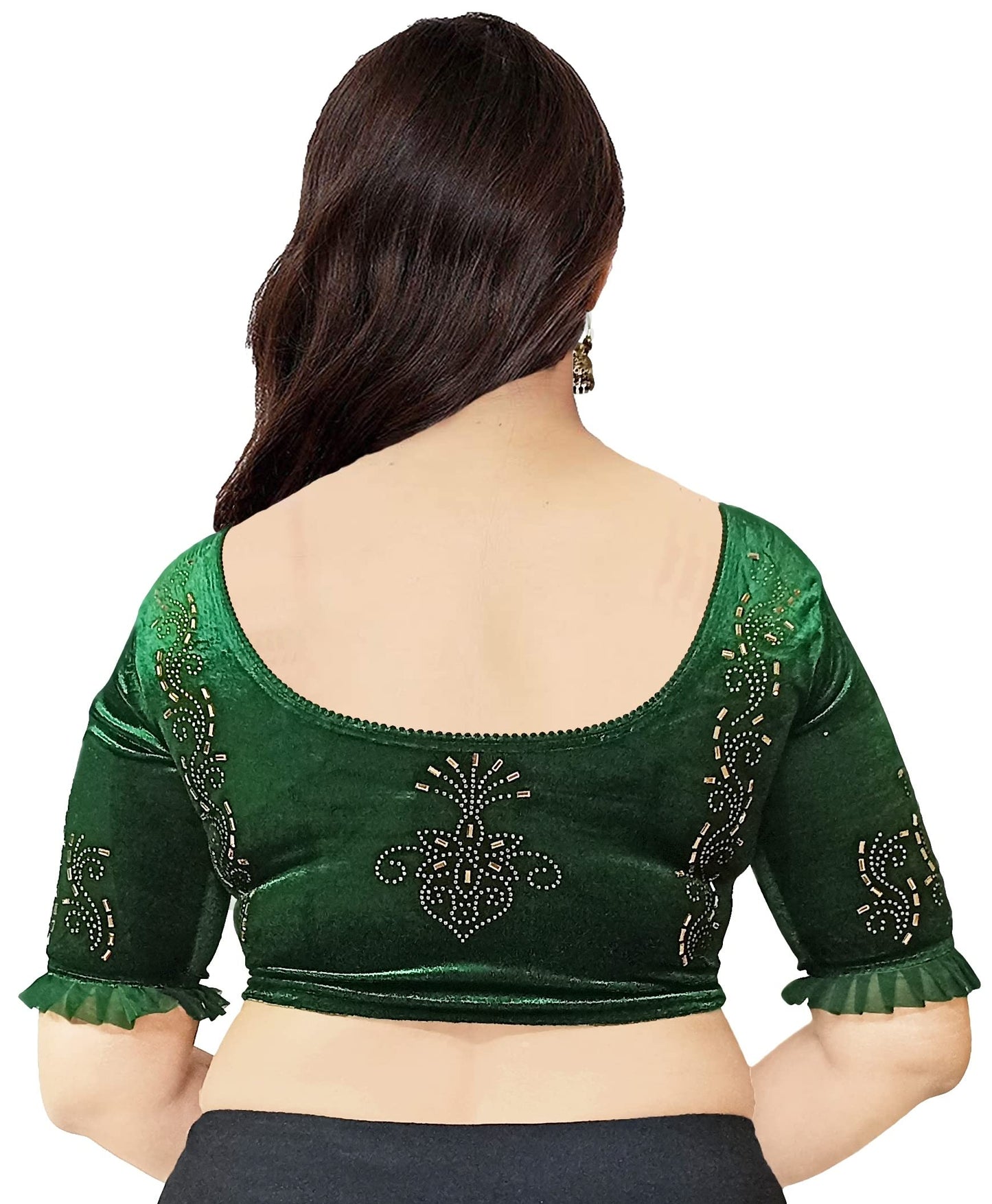 PU Fashion Women's Velvet Self Design Half Sleeve Blouse (PU-BLS-551-Green-32-A_Green_32)