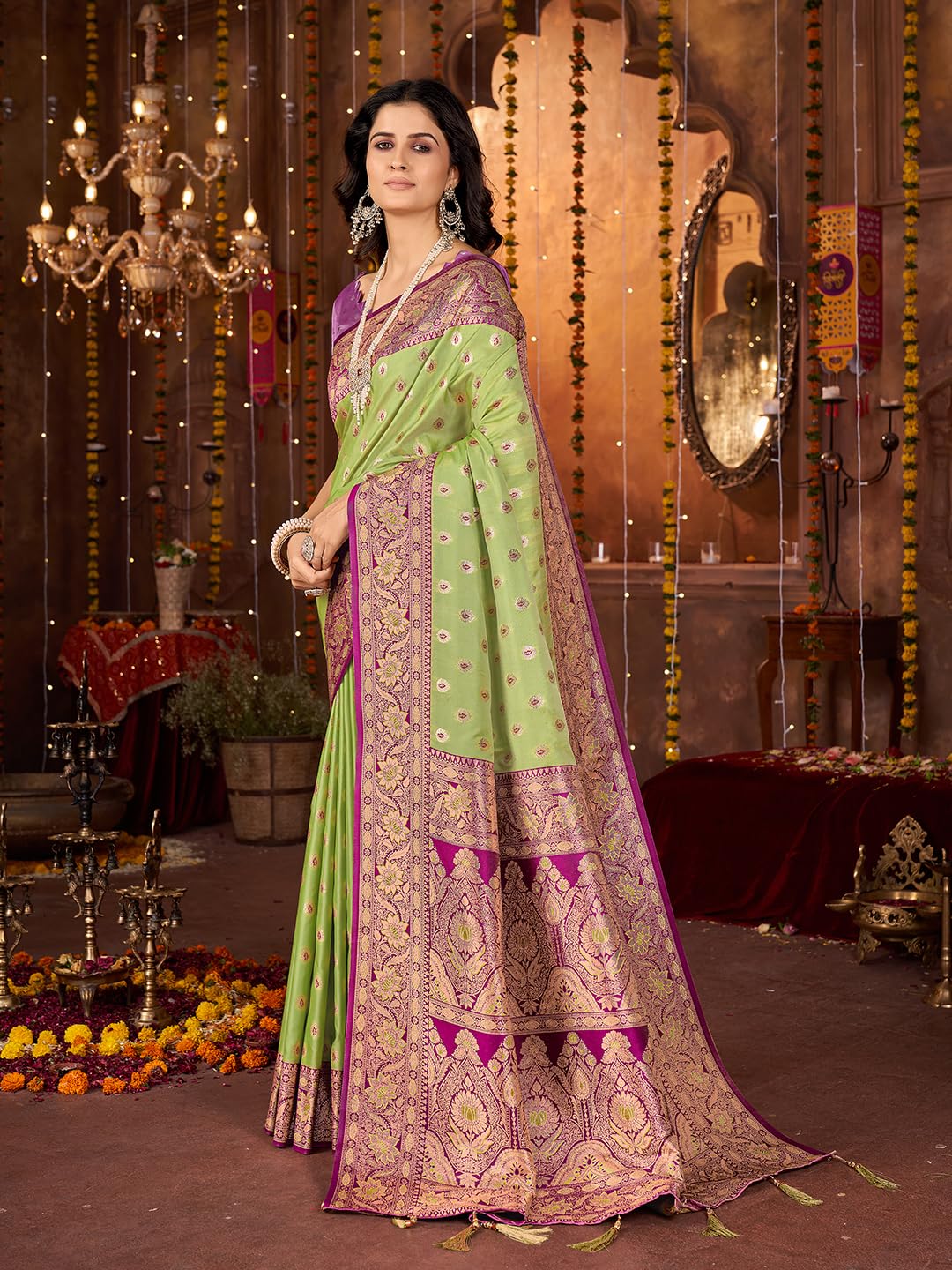 Mehrang Women Ethnic Saree, Silk Blend, Green With Pink Embroidery And Motifs, 6 Metres