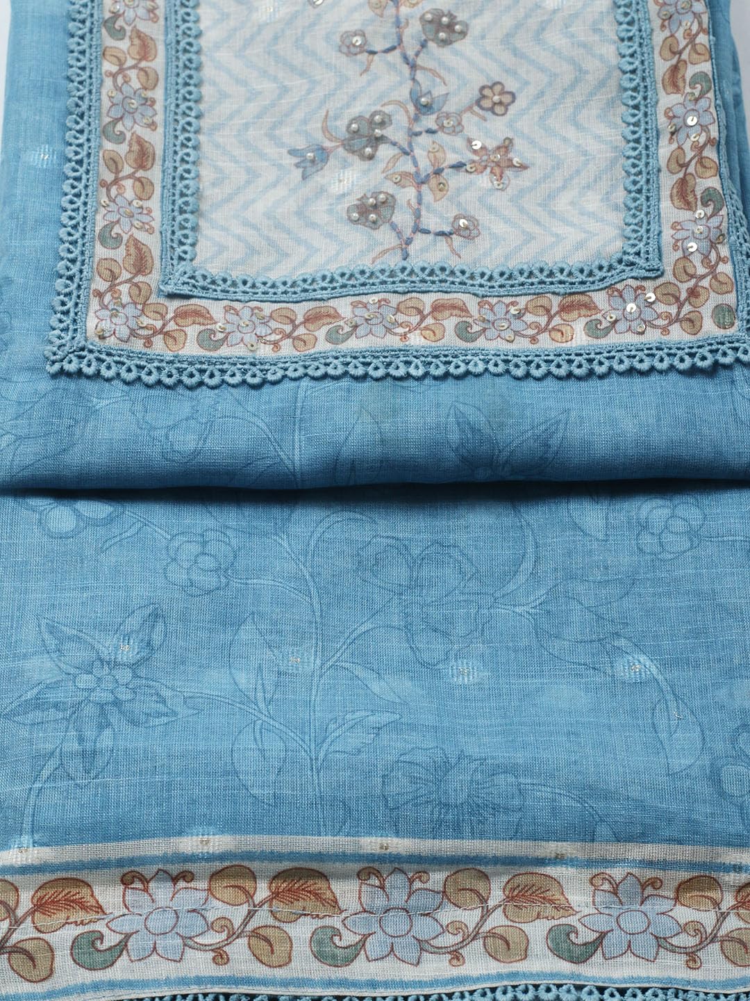 Meena Bazaar Printed Cotton Blend Blue Unstitched Kurta with Bottom & Dupatta