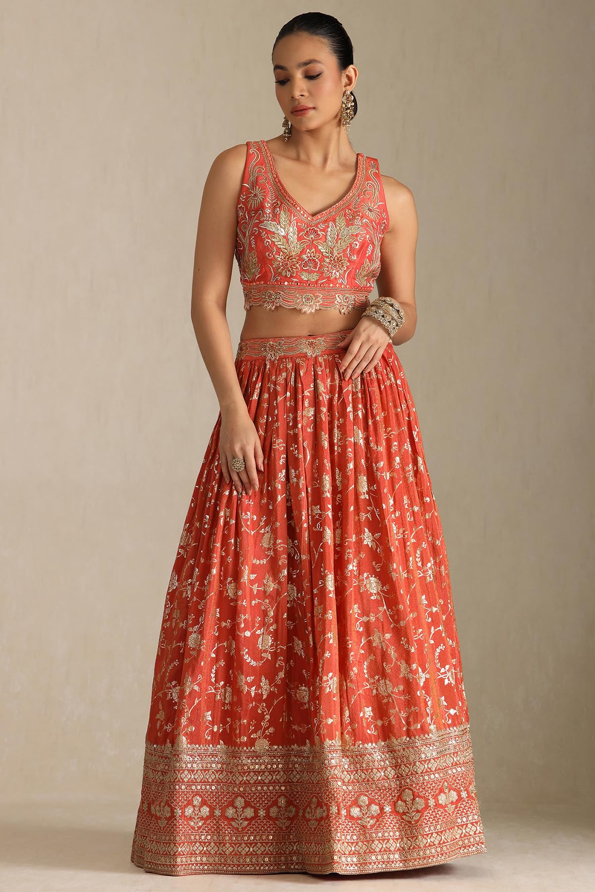 Soch Womens Orange Viscose Embroidered Ghagra Choli With Sequins