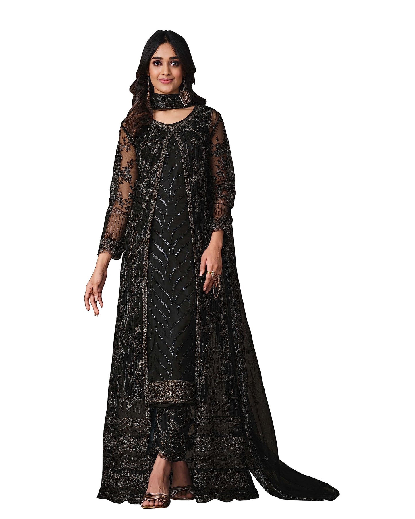 RUDRAPRAYAG Anarkali Net and Satin Straight Suits for Women | Semi stitched Embroidered Dress for Women | Gown With Dupatta for Women 2023 | Gown in Clothing & Accessories