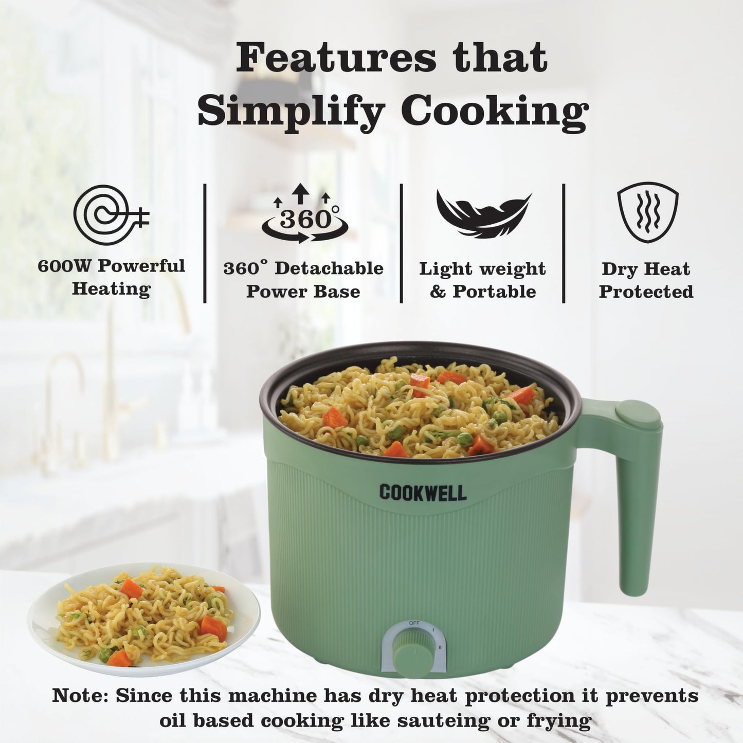 Cookwell Multipurpose Electric Kettle - 1.5L Nonstick Inner Pot with Steamer, Idlli Stand, Stainless Steel Rack & Egg Rack (600W)