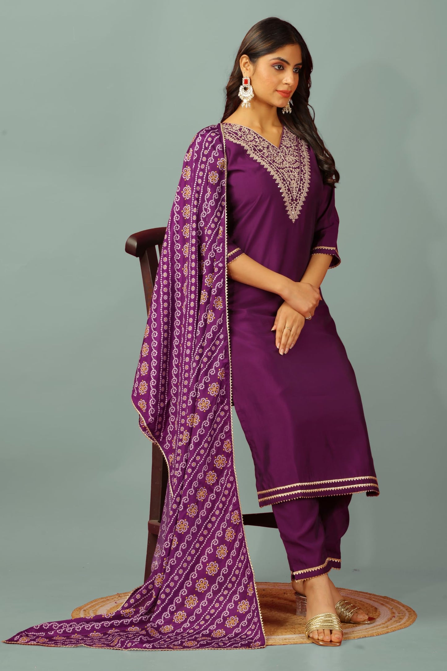 GALGOTO Women's Viscose Silk V Neck Embroidery Work Kurta with Bandhani Print Dupatta (in, Alpha, 2XL, Regular, Wine-1)