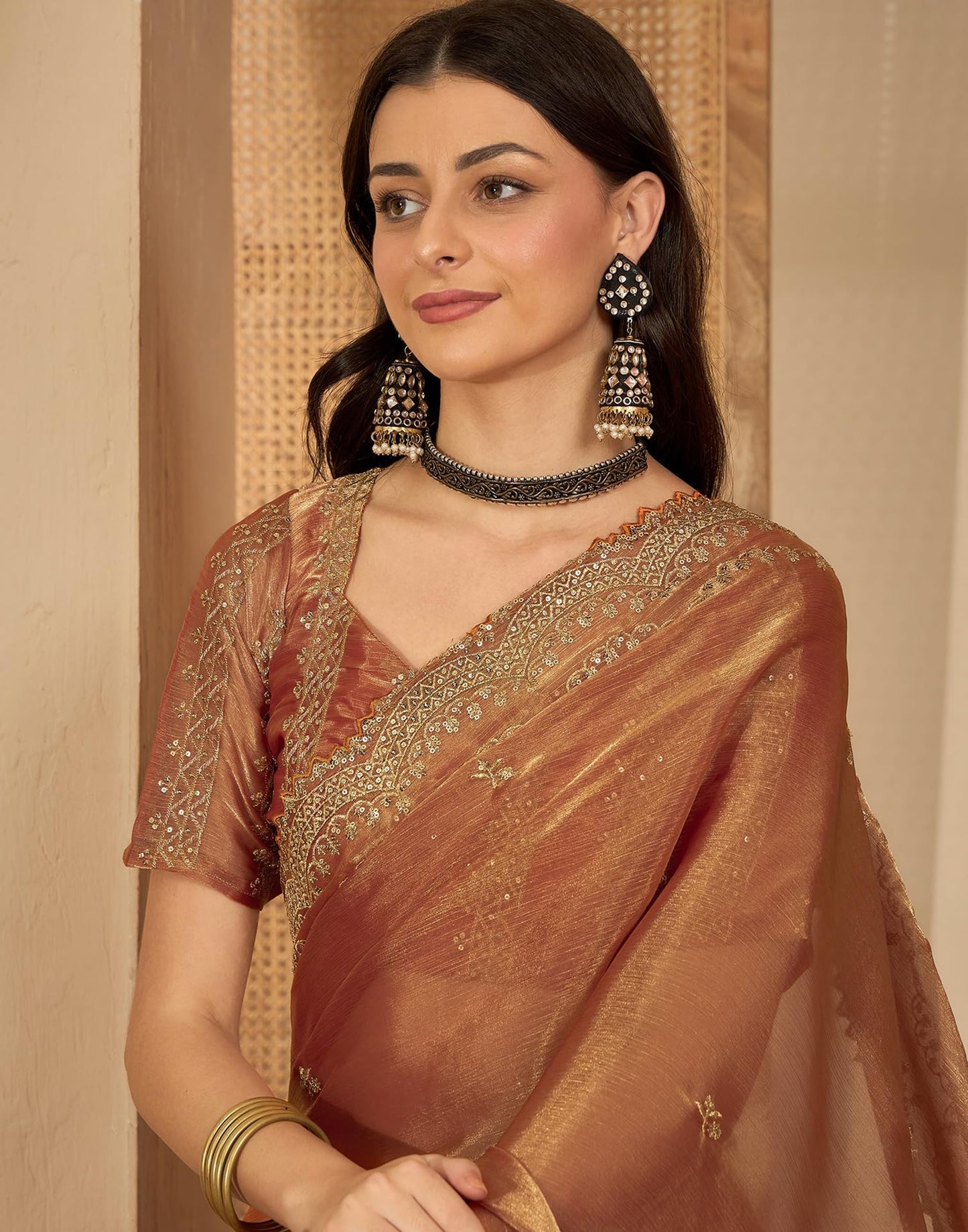 SIRIL Women's Embroidery Chiffon Saree With Unstitched Blouse Piece(4317S171_Orange)