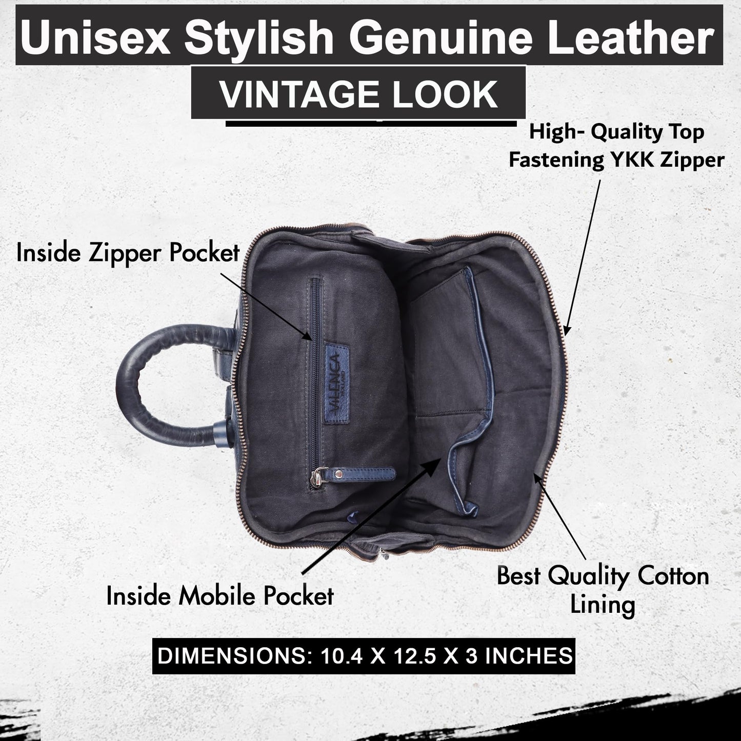 VILENCA HOLLAND 12.5 Inch Navy Blue Genuine Leather Backpack for Men,Casual Mini Backpack for Women Office Bag with Adjustable Shoulder Strap