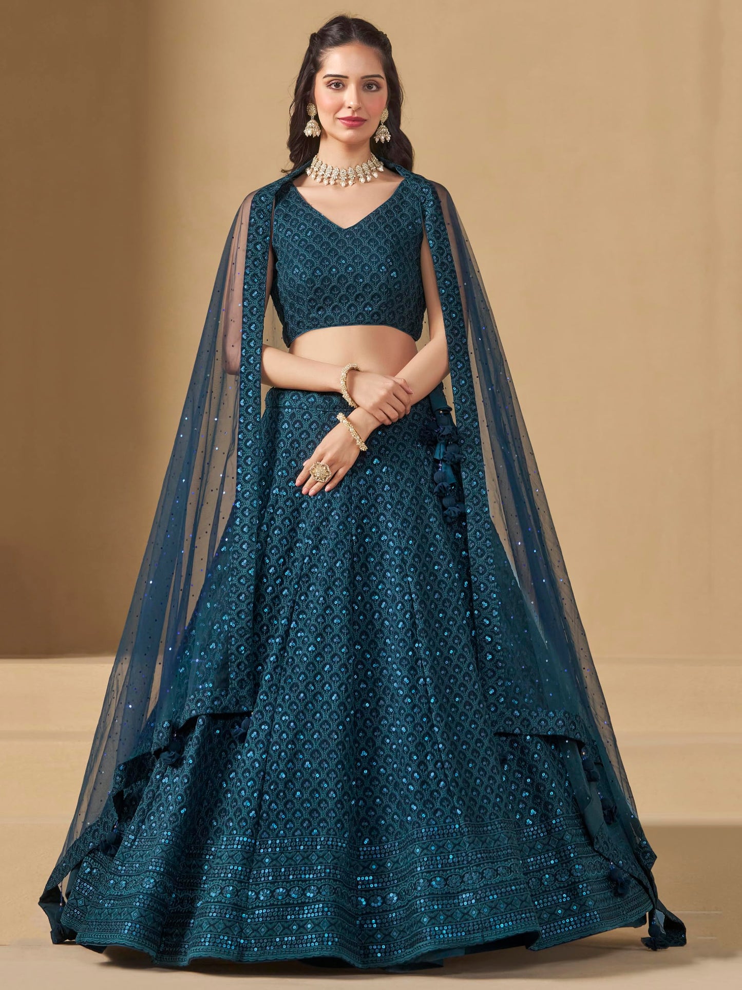 Zeel Clothing Women's Sequins Thread Embroidered Georgette Lehenga Choli With Dupatta (5124-Blue-Women-Lehenga-Choli-New; Free size) (Blue)
