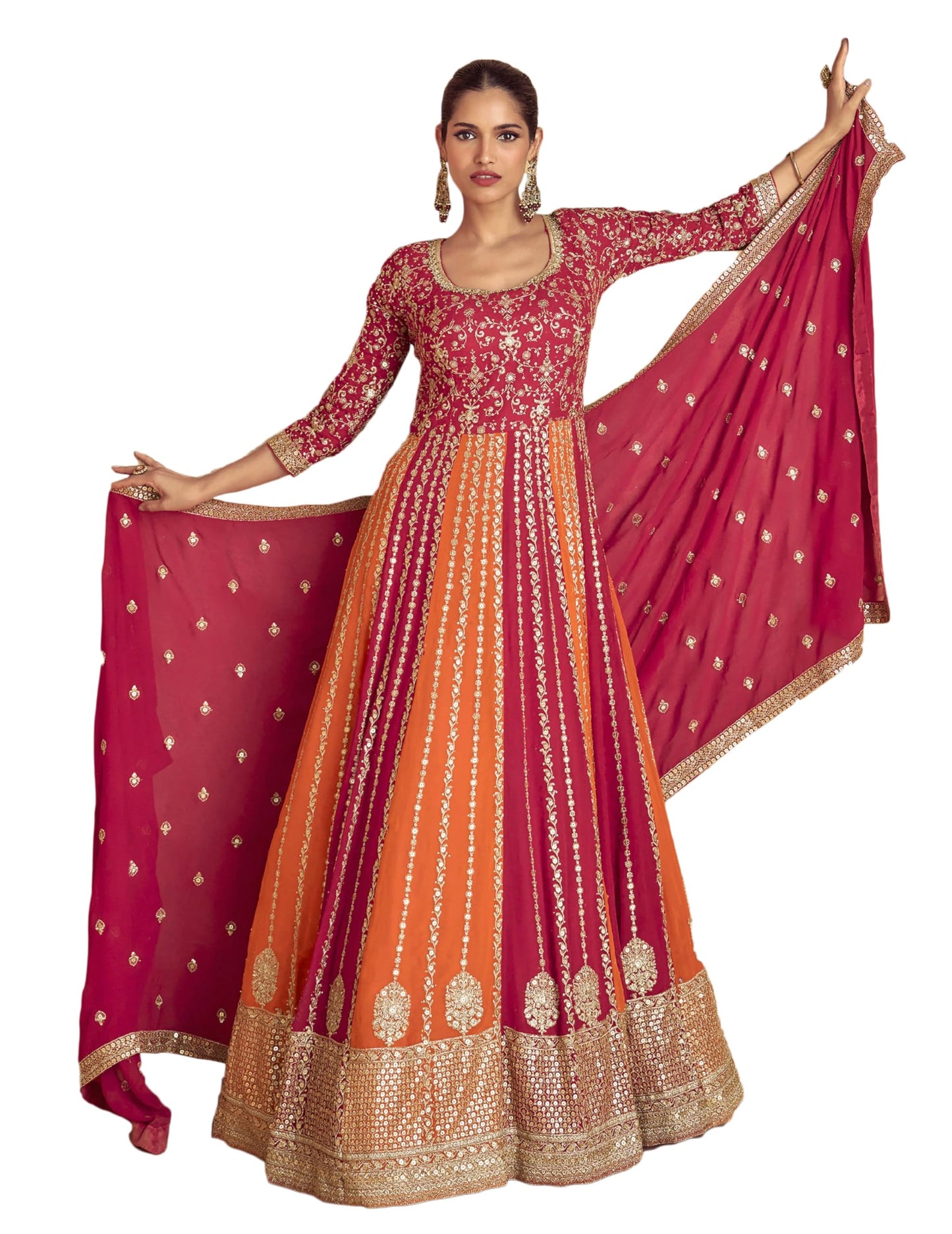 Miss Ethnik Women's Pink Chinon Stitched Gown with Dupatta 3/4 Sleeve Embroidered Anarkali Gown (ME-1231-Pink-XL)