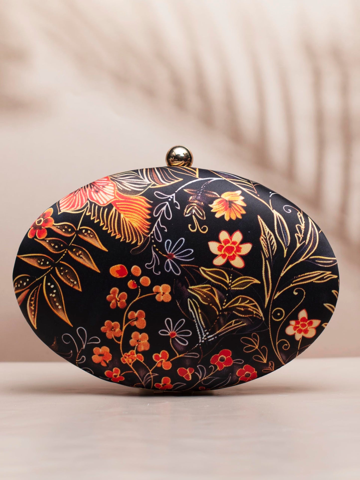 Artklim Black Based Orange Floral Printed Oval Clutch Bag for Women with Detachable Strap