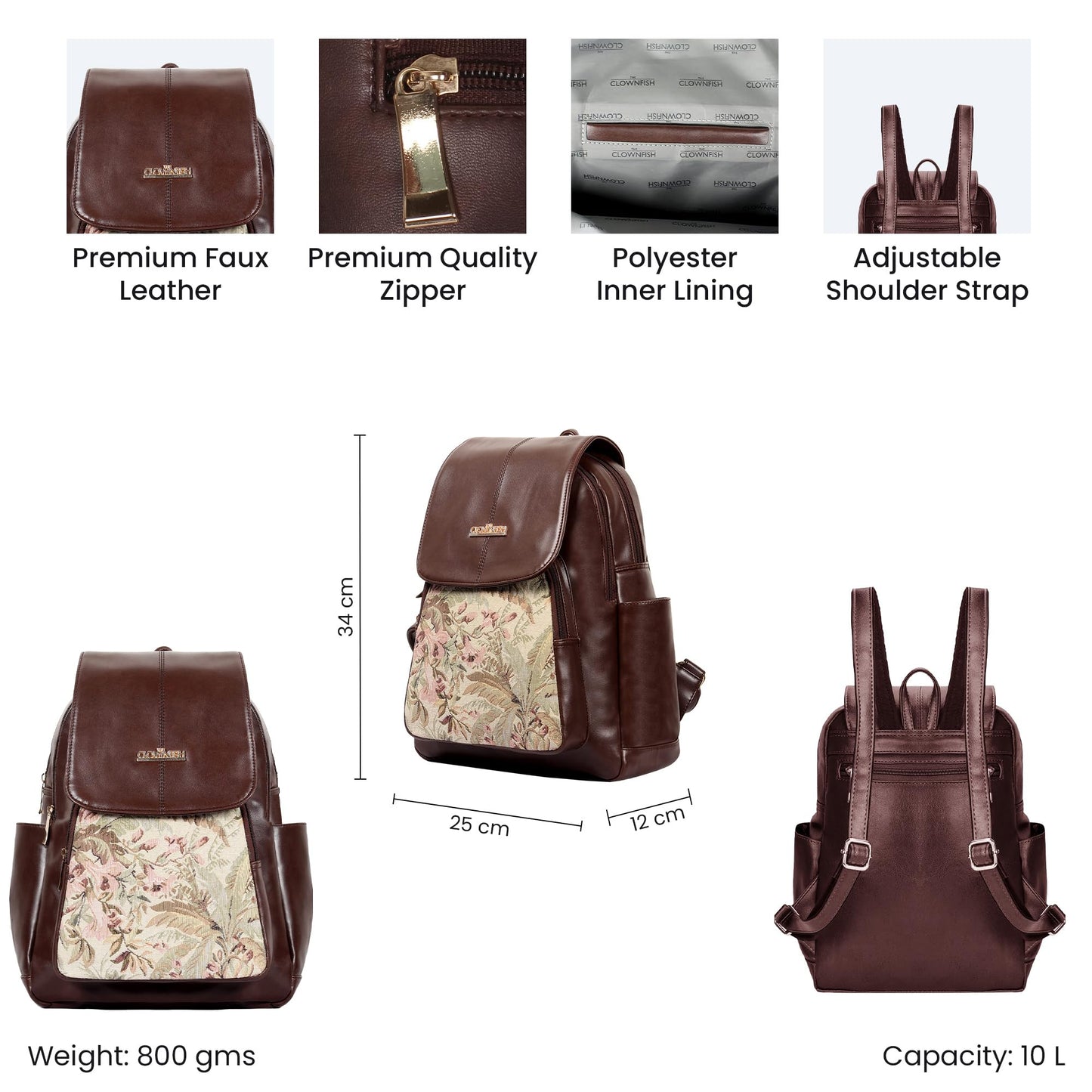 THE CLOWNFISH Minerva Faux Leather & Tapestry Women's Standard Backpack College School Bag Casual Travel Standard Backpack For Ladies Girls (Navyblue- Floral), 10 Litre