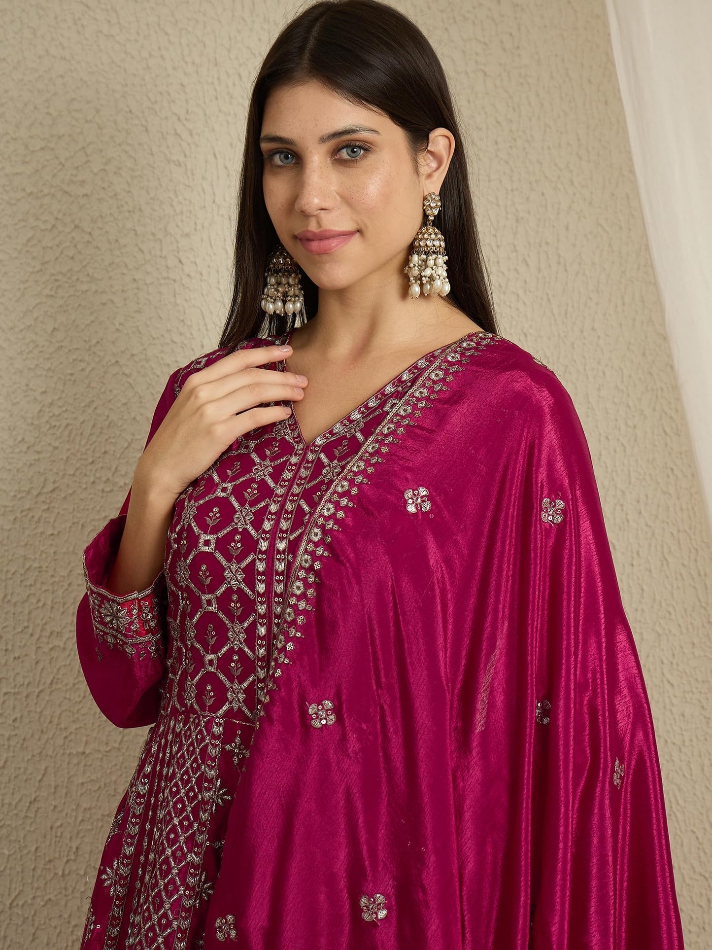 Miss Ethnik Women's Maroon Chinon Stitched Gown with Dupatta Full Sleeve Embroidered A-Line Gown (MEY-1236-Maroon-M)