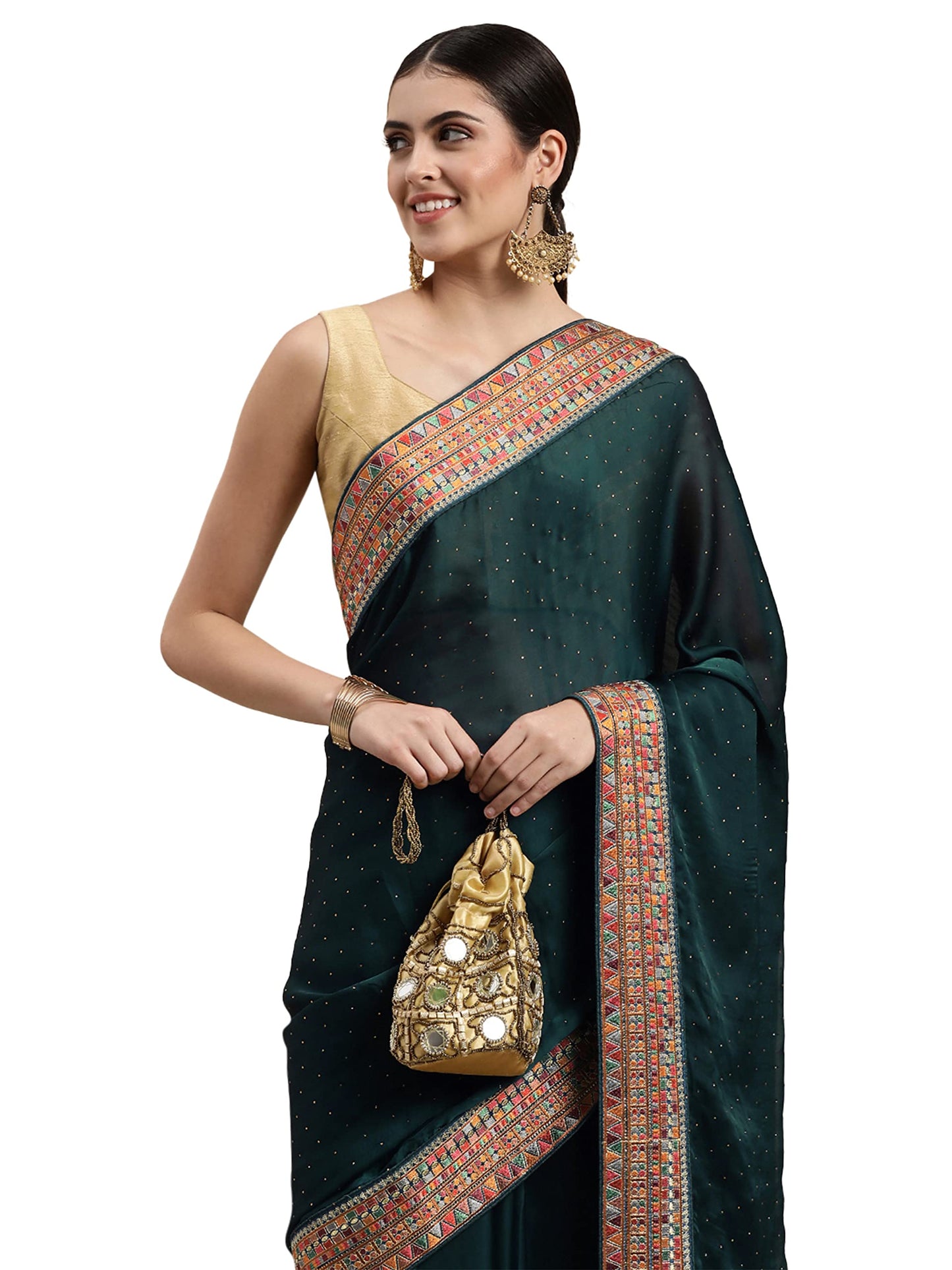 MOHEY Women's Saree, All Over Boota, Border Saree with Blouse Piece, Traditional Womens Saree, Satin (Blue)