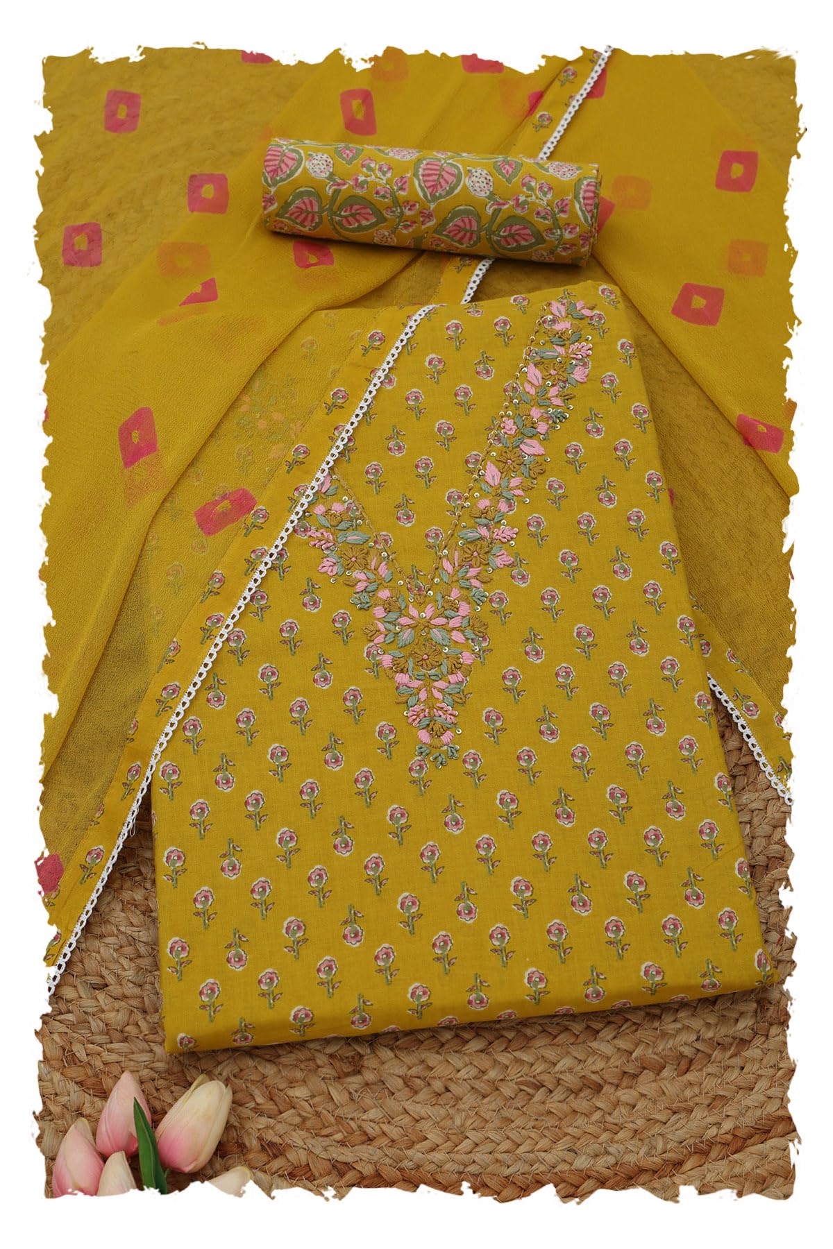 Soch Womens Mustard Cotton Floral Dress Material With Thread Work