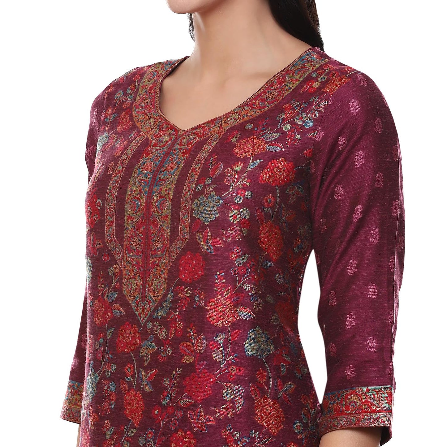 BIBA Women YARNDYED STRAIGHT KURTA SALWAR KURTA DUPATTA(SKDARTSY WE9102_WINE_34)