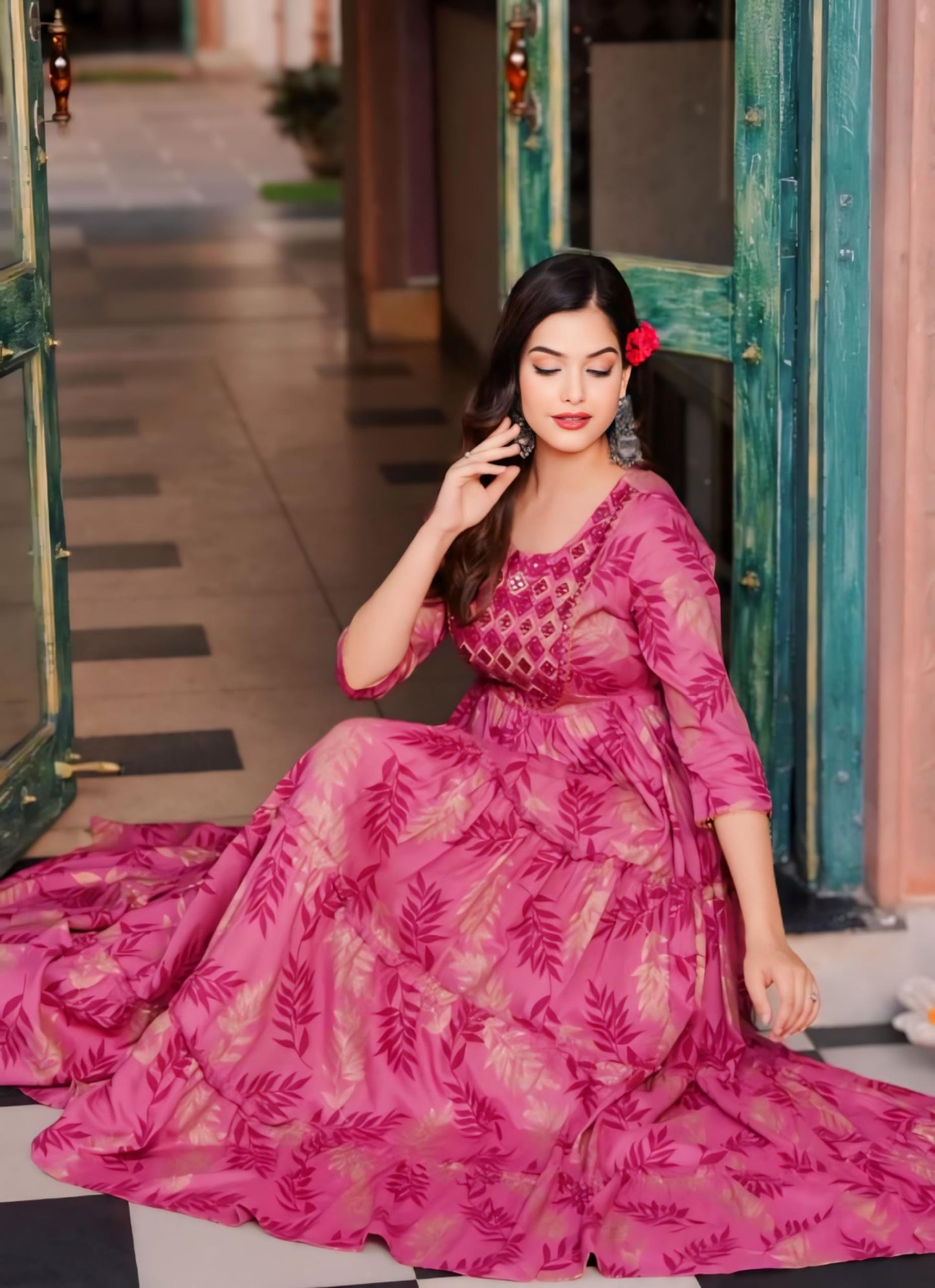 Women's Rayon Printed Anarkali Kurti | Festive Green & Pink Flared Long Dress &Frock (in, Alpha, 3XL, Regular, Pink)