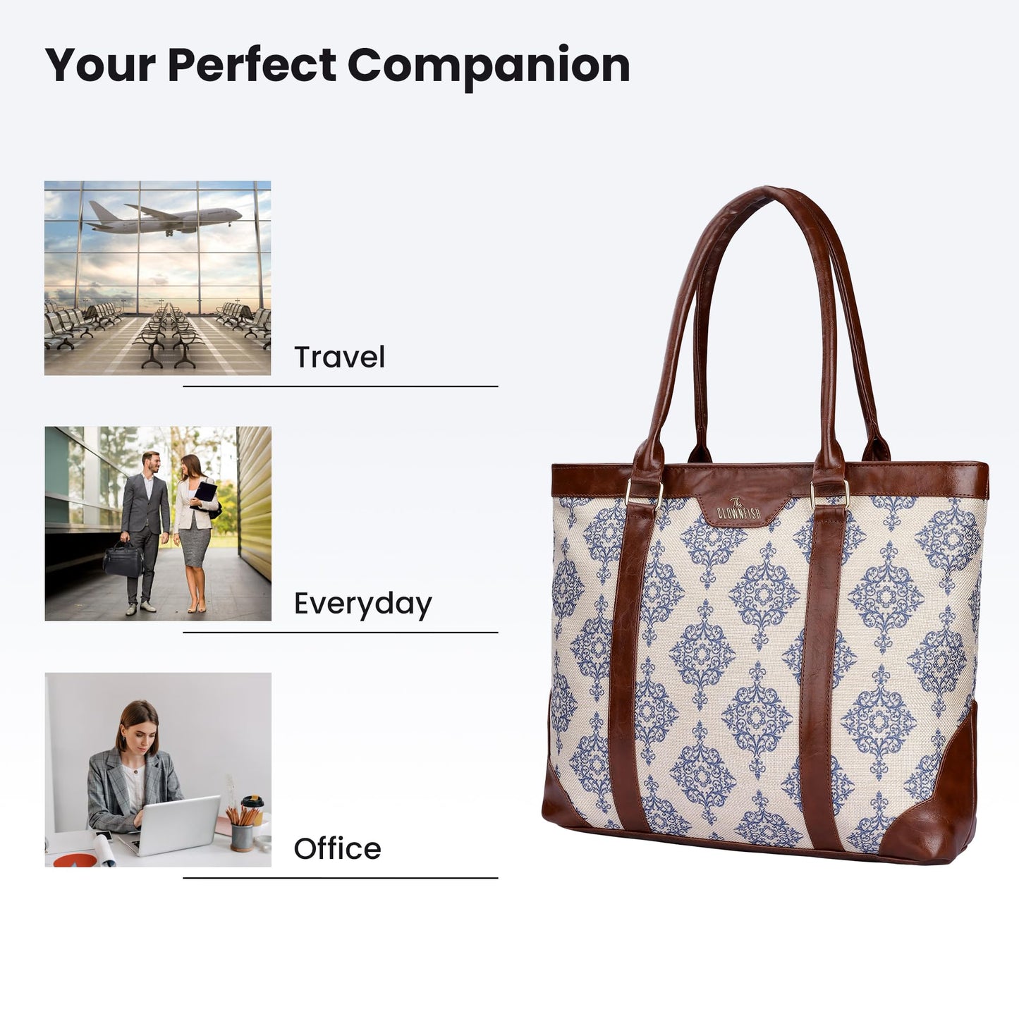 THE CLOWNFISH Miranda Series 15.6 inch Laptop Bag For Women Printed Handicraft Fabric & Faux Leather Office Bag Briefcase Hand Messenger bag Tote Shoulder Bag (Off White)